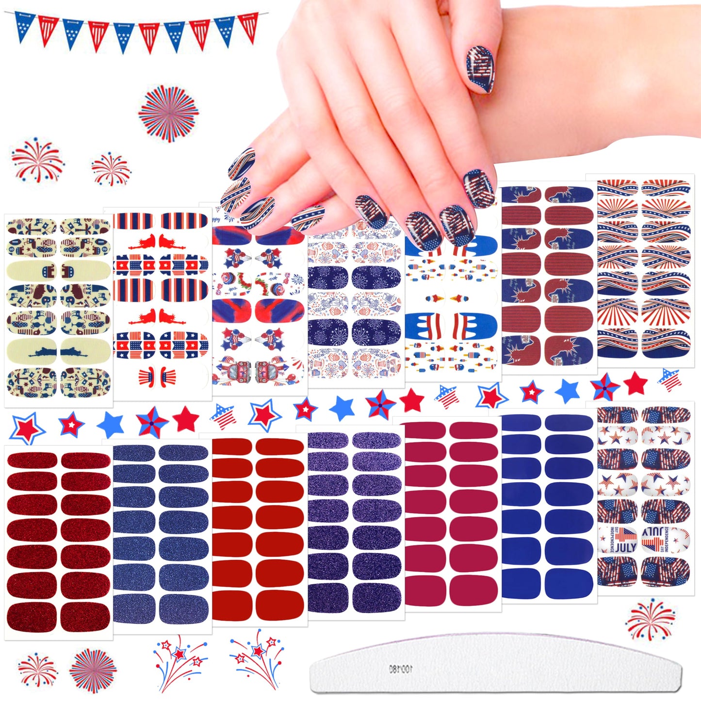 JERCLITY 14 Sheets Independence Day Nail Polish Strips Patriotic American Flag Nail Art Stickers 4th of July Nail Wraps Self-Adhesive Solid Color Nail Decals Manicure Sticker for Memorial Day