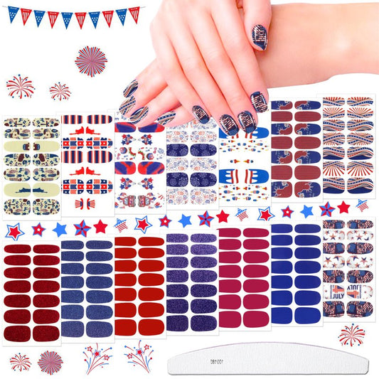 JERCLITY 14 Sheets Independence Day Nail Polish Strips Patriotic American Flag Nail Art Stickers 4th of July Nail Wraps Self-Adhesive Solid Color Nail Decals Manicure Sticker for Memorial Day