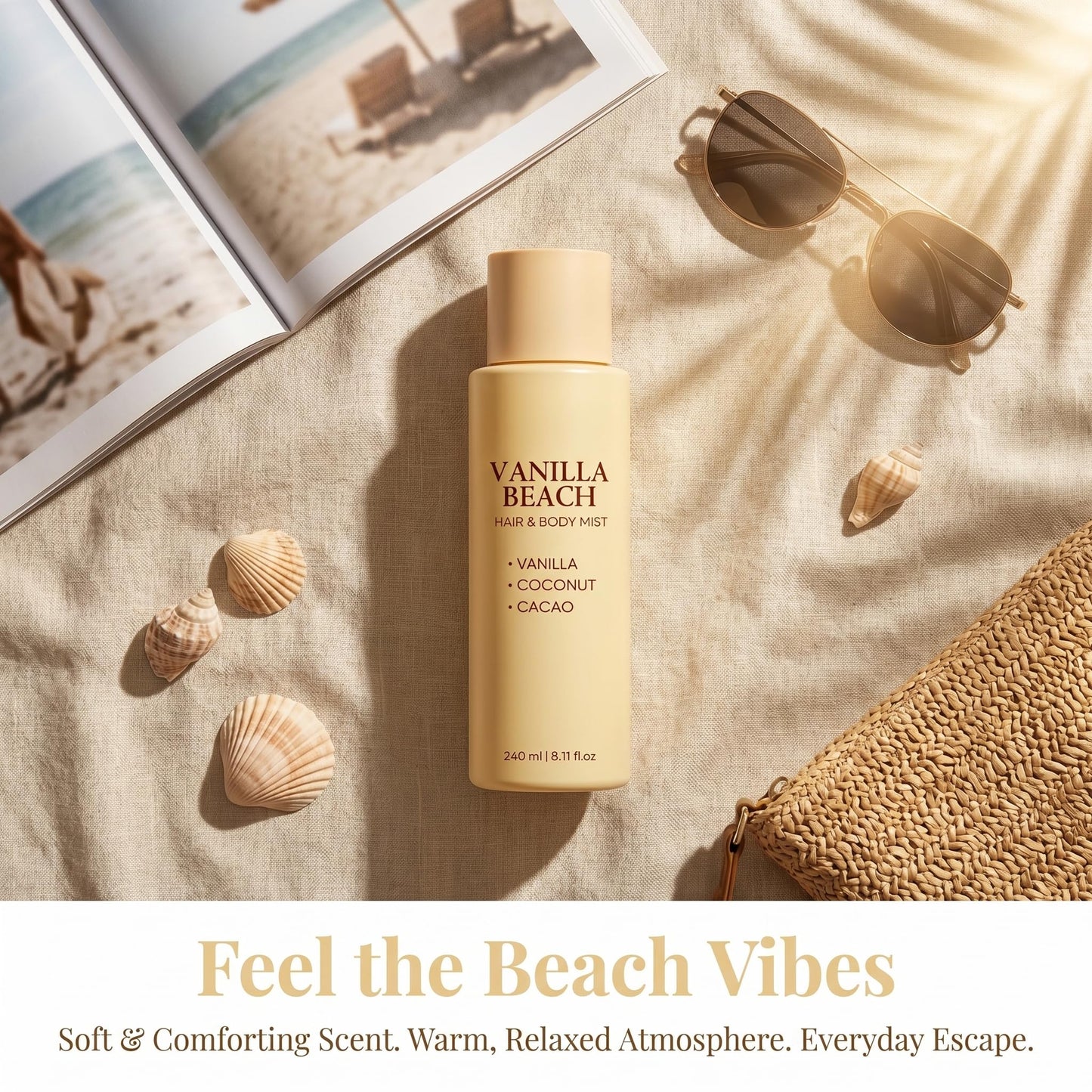 JEXZVR Vanilla Beach Hair and Body Mist - Warm Vanilla Coconut Fragrance Spray, Lightweight Refreshing Mist for Hair & Skin, Long-Lasting Tropical Scent, Summer Beach-Inspired Body Spray - 8.11 fl oz