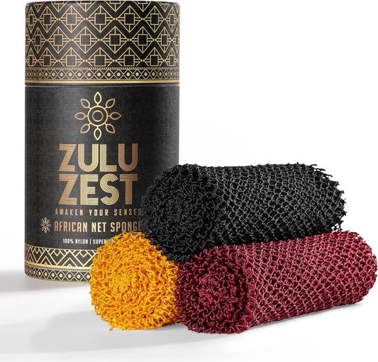 African Net Sponge - 3-Pack Exfoliating Mesh Bath Scrubber for Face & Body | Deep Clean, Quick Dry, Travel-Friendly (Black, Yellow, Red)