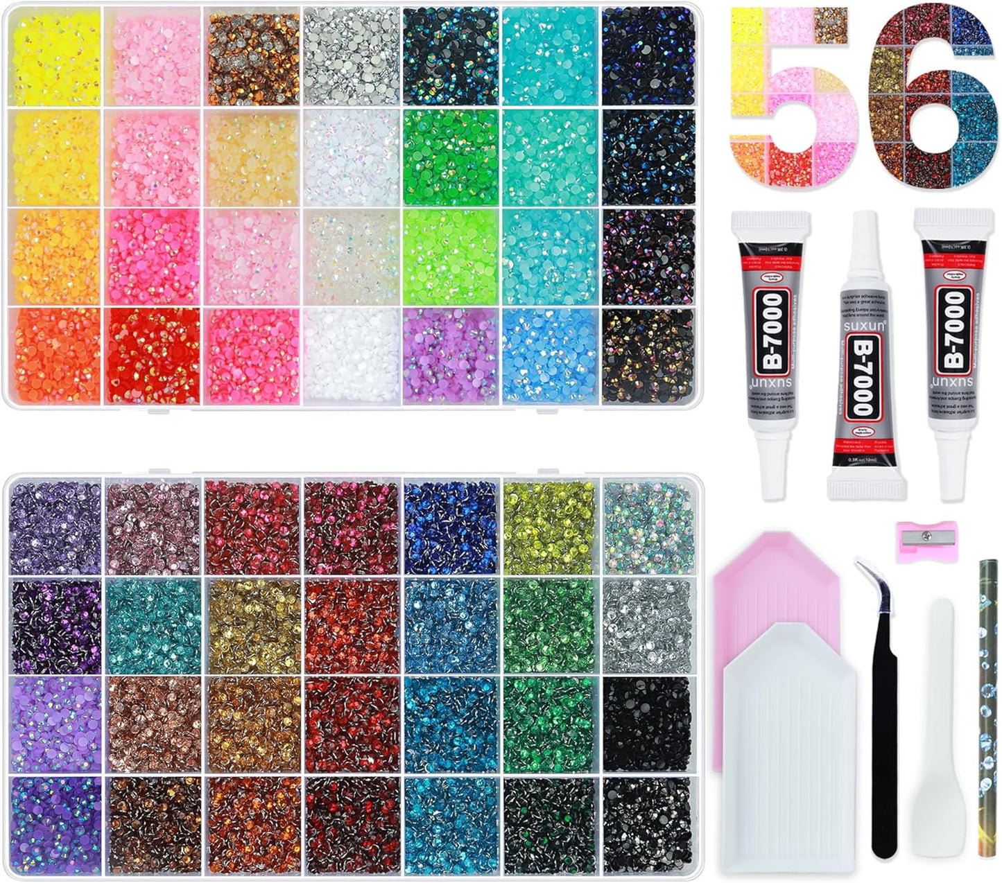 Rhinestones Bedazzling Kit - 56 Colors 3mm Flatback Gems with Glue & Tools | DIY Crafts, Jewelry, Decor