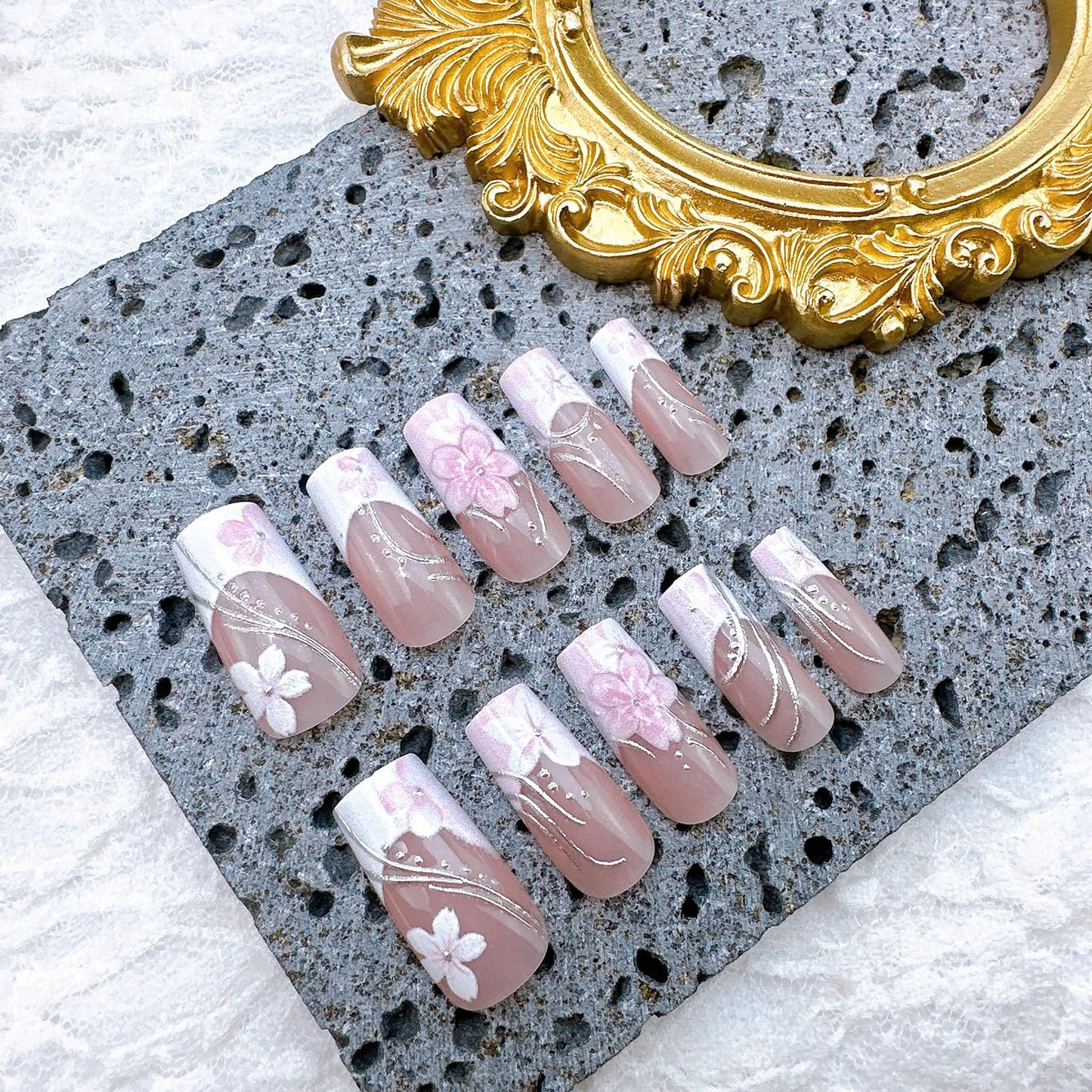 Pink Press-On Nails - 24Pcs Medium Coffin Acrylic Nails with Silver Lines & 3D Flower Design | Floral Full Cover