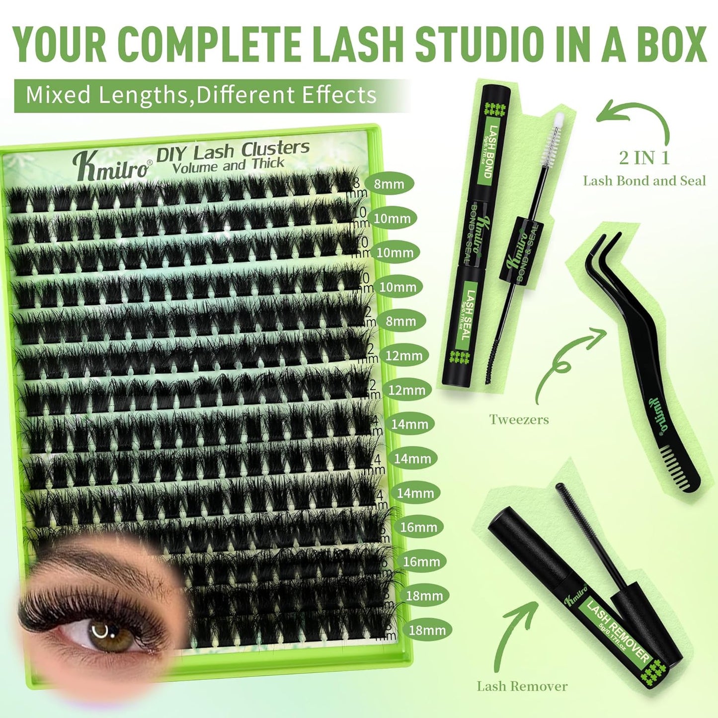 Kmilro Lash Clusters Kit - 224Pcs Volume Eyelash Extensions, 8-18mm Soft Wispy Individual Lashes | Ultra-Thin Black Band