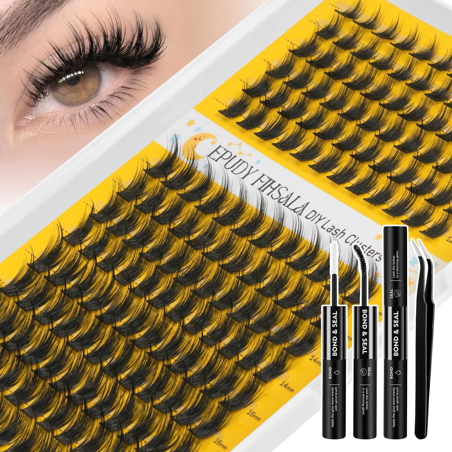 Manga Lash Clusters 10–16mm Volume Lash Clusters 180pcs with Spikes, D-Curly Thick 3D Individual DIY Eyelash Extension Kit with Lash Bond & Seal and Lash Tweezers for Bold Wispy Look EPUDY FIHSALA