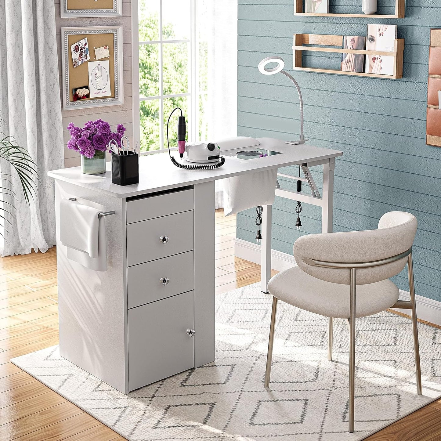 Foldable Nail Table - Manicure Desk with Dust Collector & LED Lamp | Compact Salon Workstation (White)