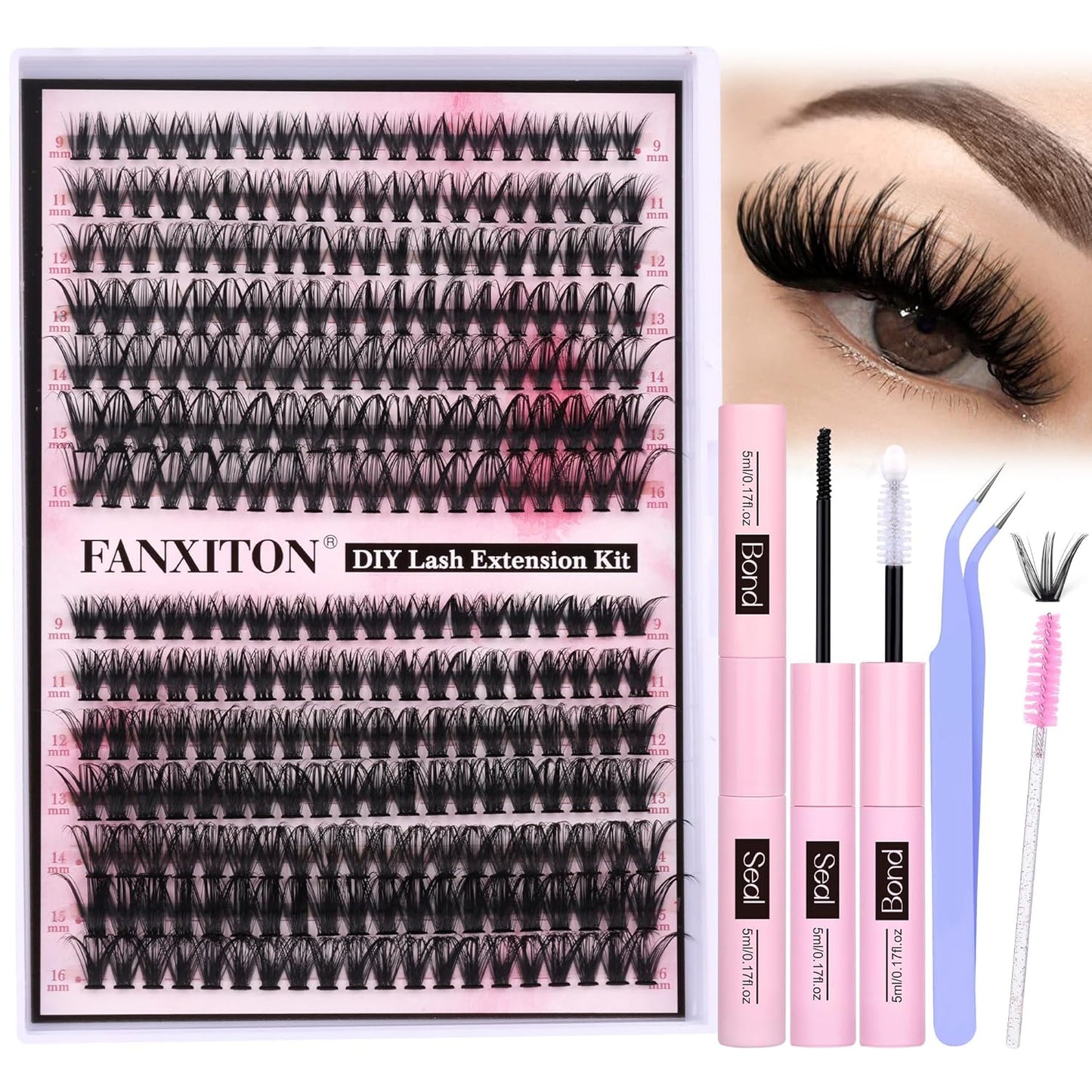 DIY Eyelash Extension Kit - Thick Volume 40D & 50D Cluster Lashes | 280 Pieces with Bond & Tweezers