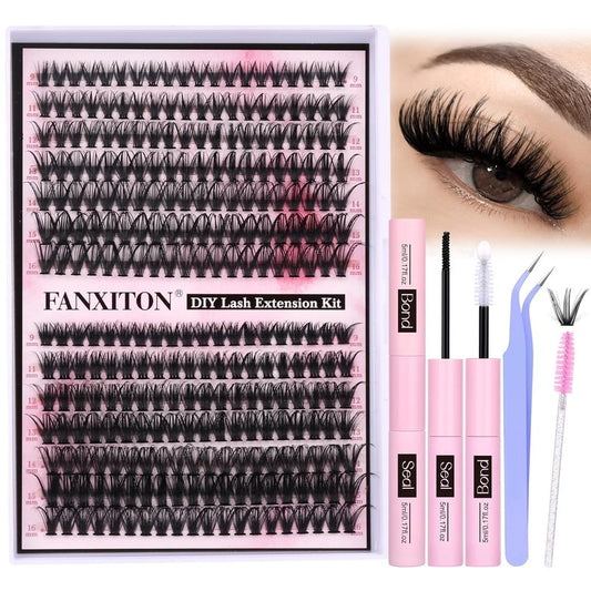 DIY Eyelash Extension Kit - Thick Volume 40D & 50D Cluster Lashes | 280 Pieces with Bond & Tweezers