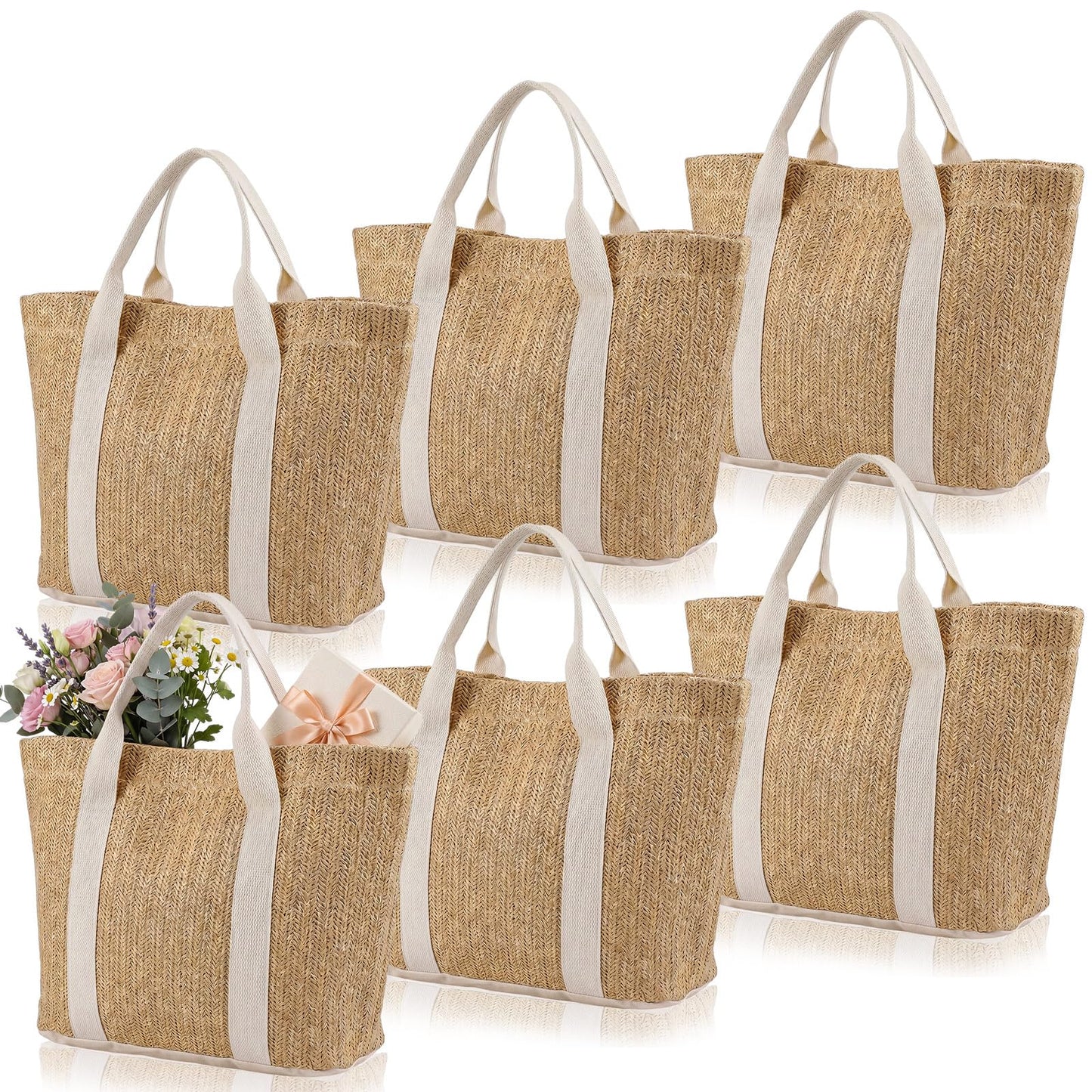 Paterr 6 Pcs Mini Beach Straw Bags for Bachelorette Favors Burlap Tote Bag with Handle for Bridesmaid Bridal Shower Gifts (S,White)