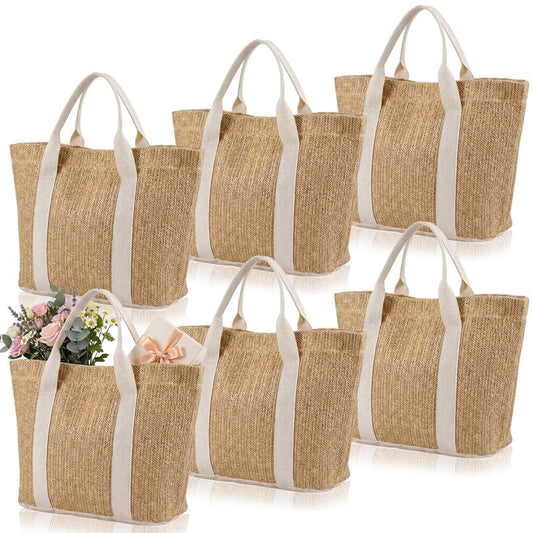 Paterr 6 Pcs Mini Beach Straw Bags for Bachelorette Favors Burlap Tote Bag with Handle for Bridesmaid Bridal Shower Gifts (S,White)