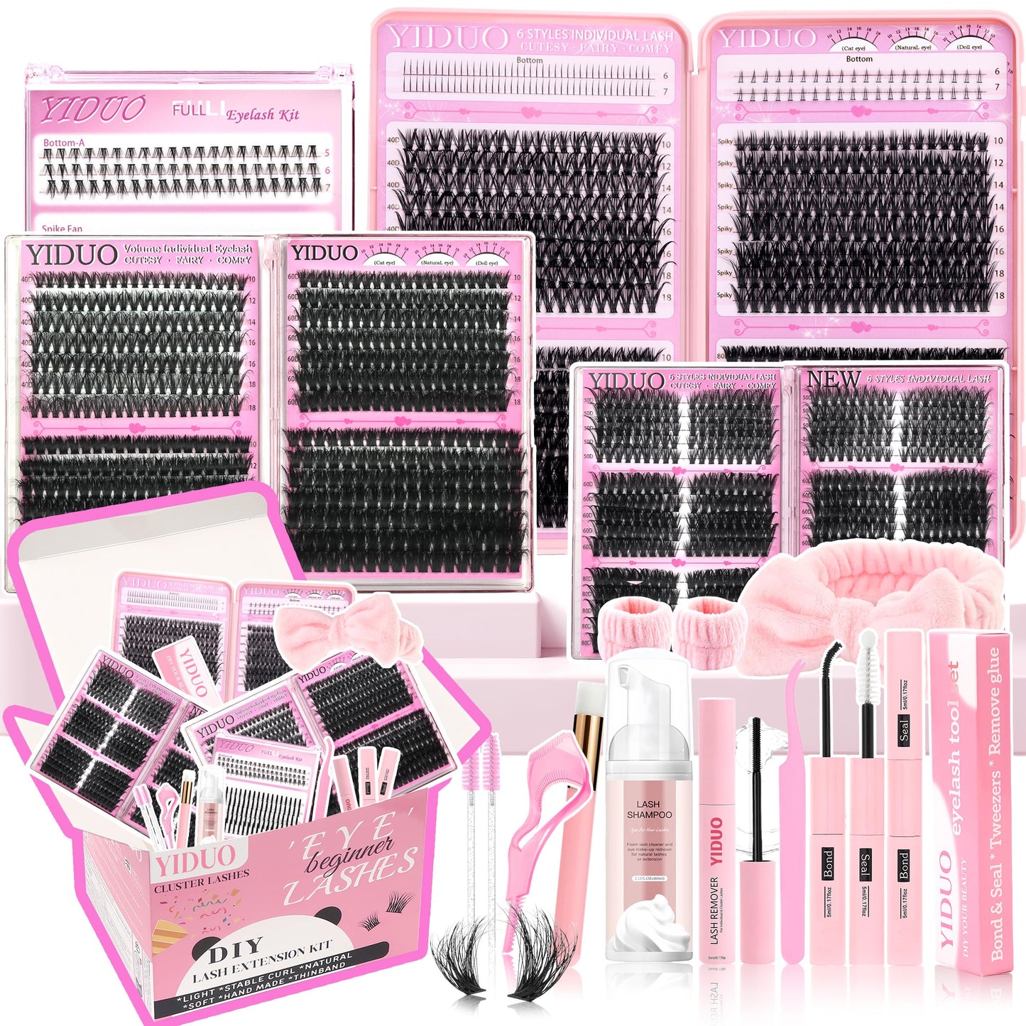 YIDUO 1846Pcs Lash Clusters Kit with Spikes+Bottom Cluster Lashes Kit Mix Styles 10-18mm Volume D Curly Wispy Soft DIY Individual Eyelash Extension Kit with Glue pestañas postizas Wholesale Large Pack