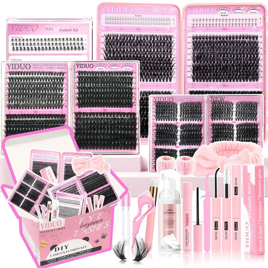YIDUO 1846Pcs Lash Clusters Kit with Spikes+Bottom Cluster Lashes Kit Mix Styles 10-18mm Volume D Curly Wispy Soft DIY Individual Eyelash Extension Kit with Glue pestañas postizas Wholesale Large Pack