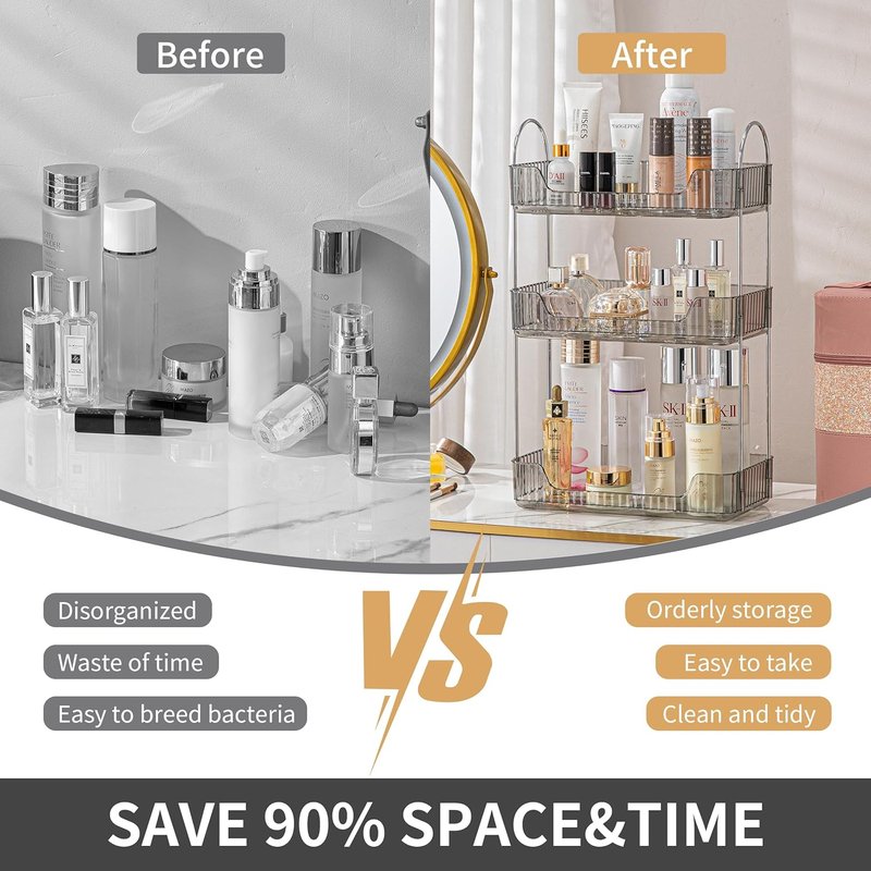 3-Tier Bathroom Organizer - Countertop Makeup & Perfume Tray | Skincare Storage for Vanity (Grey)