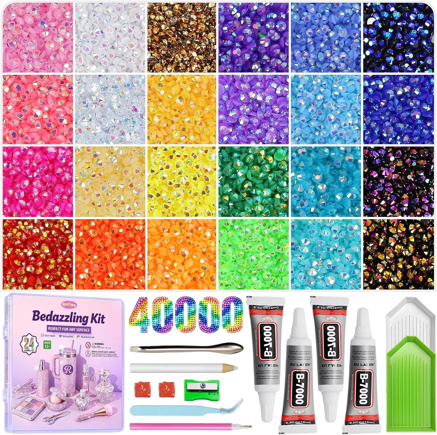 Resin Jelly Rhinestones 40000 Pcs - 3mm Multicolor Flatback Gems | Bedazzling Kit with B7000 Glue & Tools for Crafts