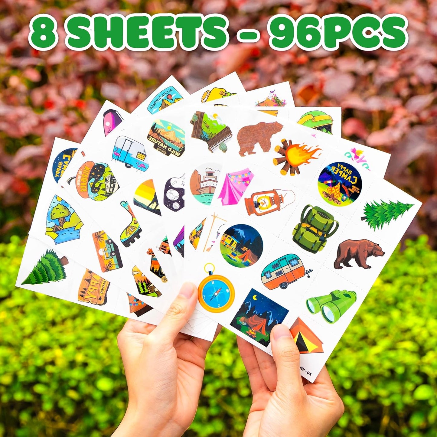 Pre-Cut Temporary Tattoos for Kids - 96 PCS Cute Camping Party Favors | 8 Sheets of Fun Stickers
