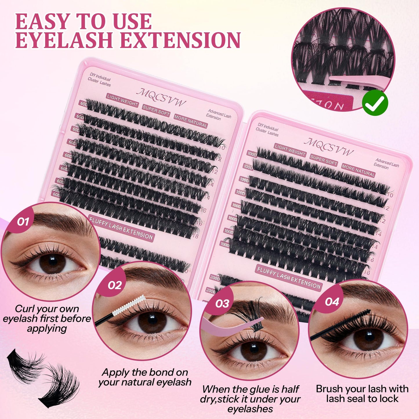 Lash Clusters Kit Fluff 60D+80D+100D+200D Individual Lashes 10-18mm D Curly Cluster Wispy Eyelash Extensions Thick False Eyelashes, with Tweezers Bond Seal Brush Remover Diy