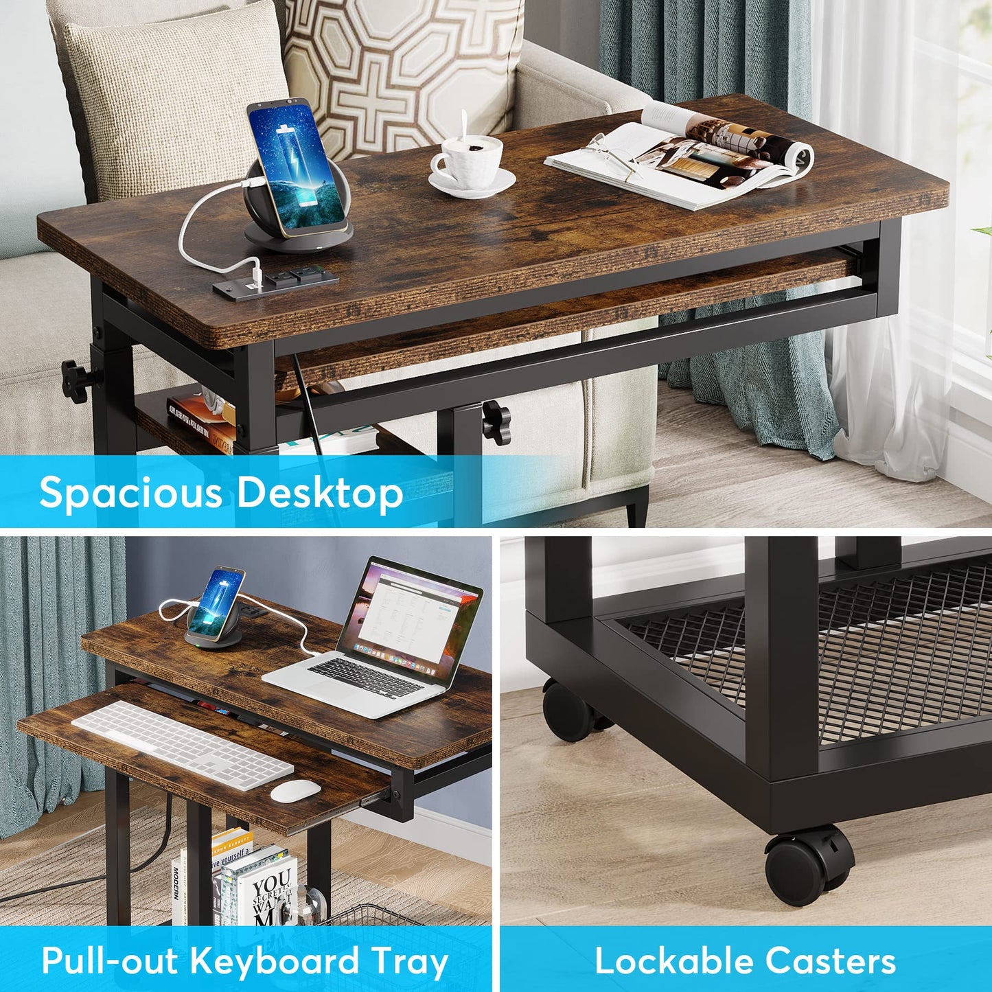 Tribesigns Small Portable Desk with Power Outlet, Height Adjustable Sofa Couch Bedside Laptop Table with Wheels, Mobile Standing Desk Rolling Computer Cart C Side Table with USB Ports