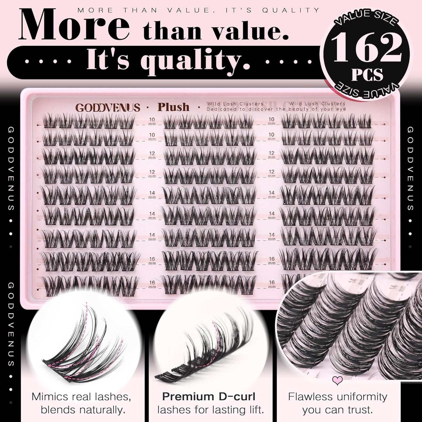 Plush Lash Clusters Kit - Natural Wispy Eyelash Extensions for DIY Home Use | D Curl Individual Lashes with Waterproof Bond