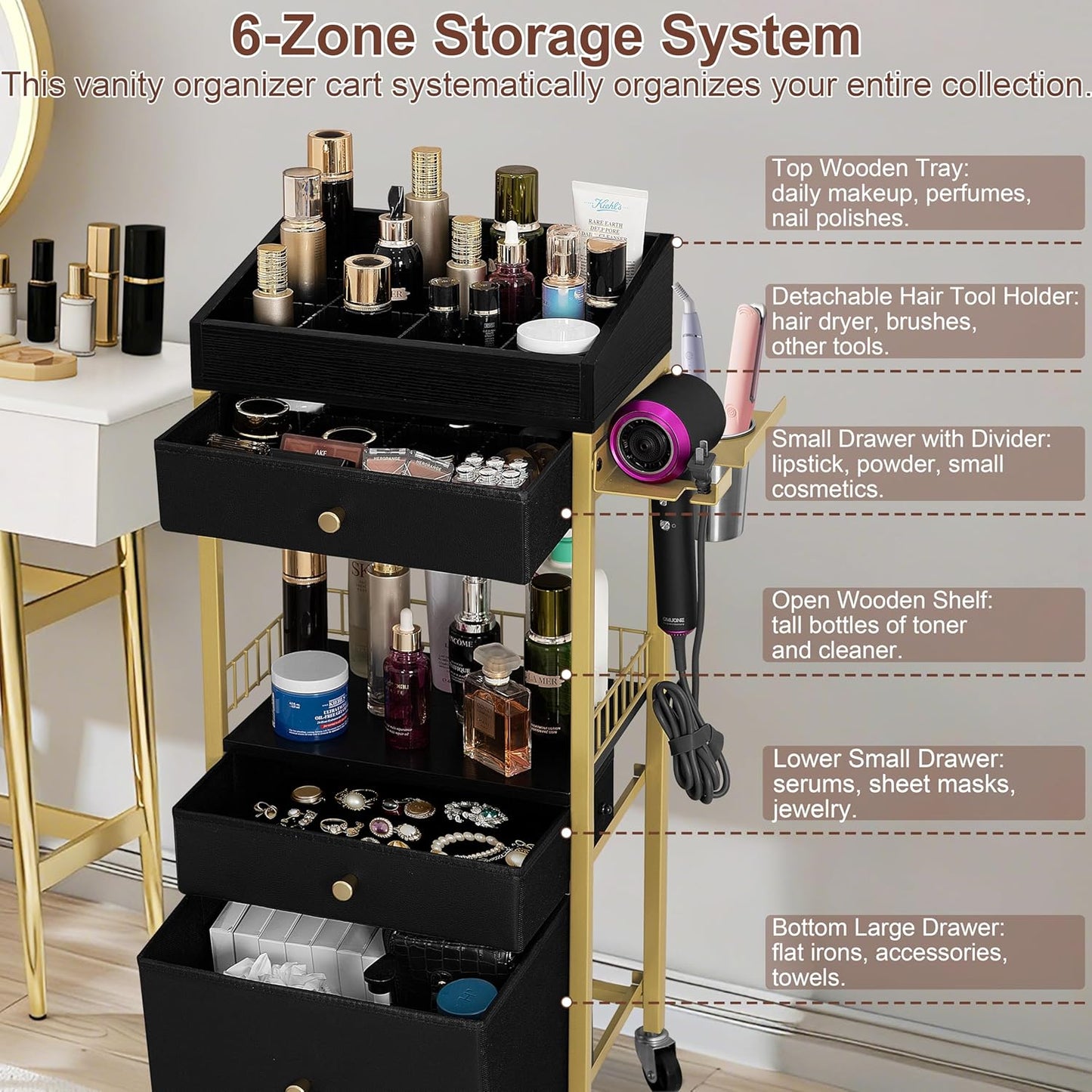 Makeup Organizer Cart - Rolling Vanity Storage with 3 Drawers & Detachable Hair Tool Holder | Gold & Black