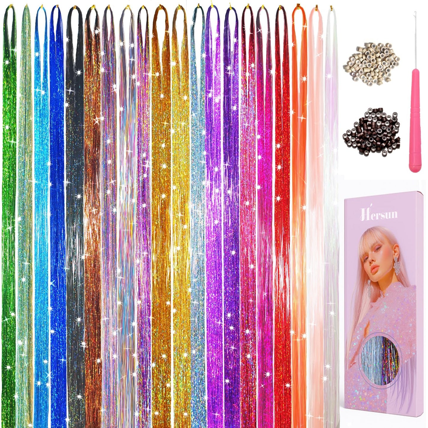 Hersun Hair Tinsel Kit - 10 Colors, 3200 Strands, 48in | Heat-Resistant Fairy Hair Extensions for Parties & Festivals