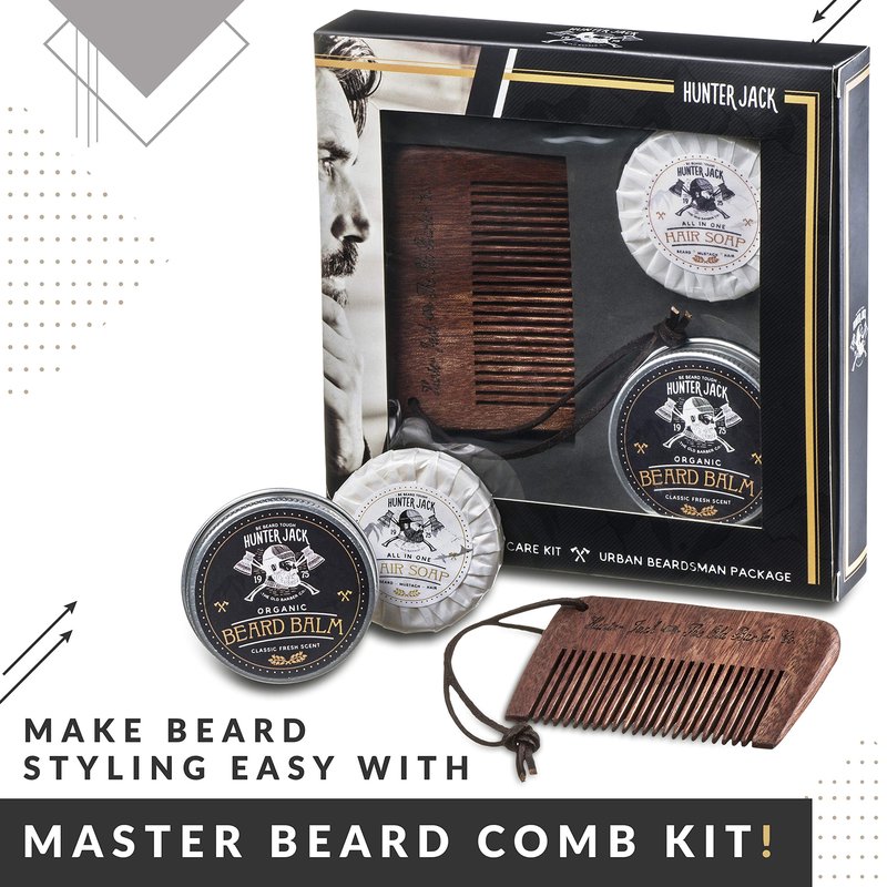 Hunter Jack Beard Kit for Men - Sandalwood Beard Comb, Beard Soap, and Beard Balm - Fine Tooth Mustache Comb - Mens Beard Kit for Care and Grooming in Premium Gift Box