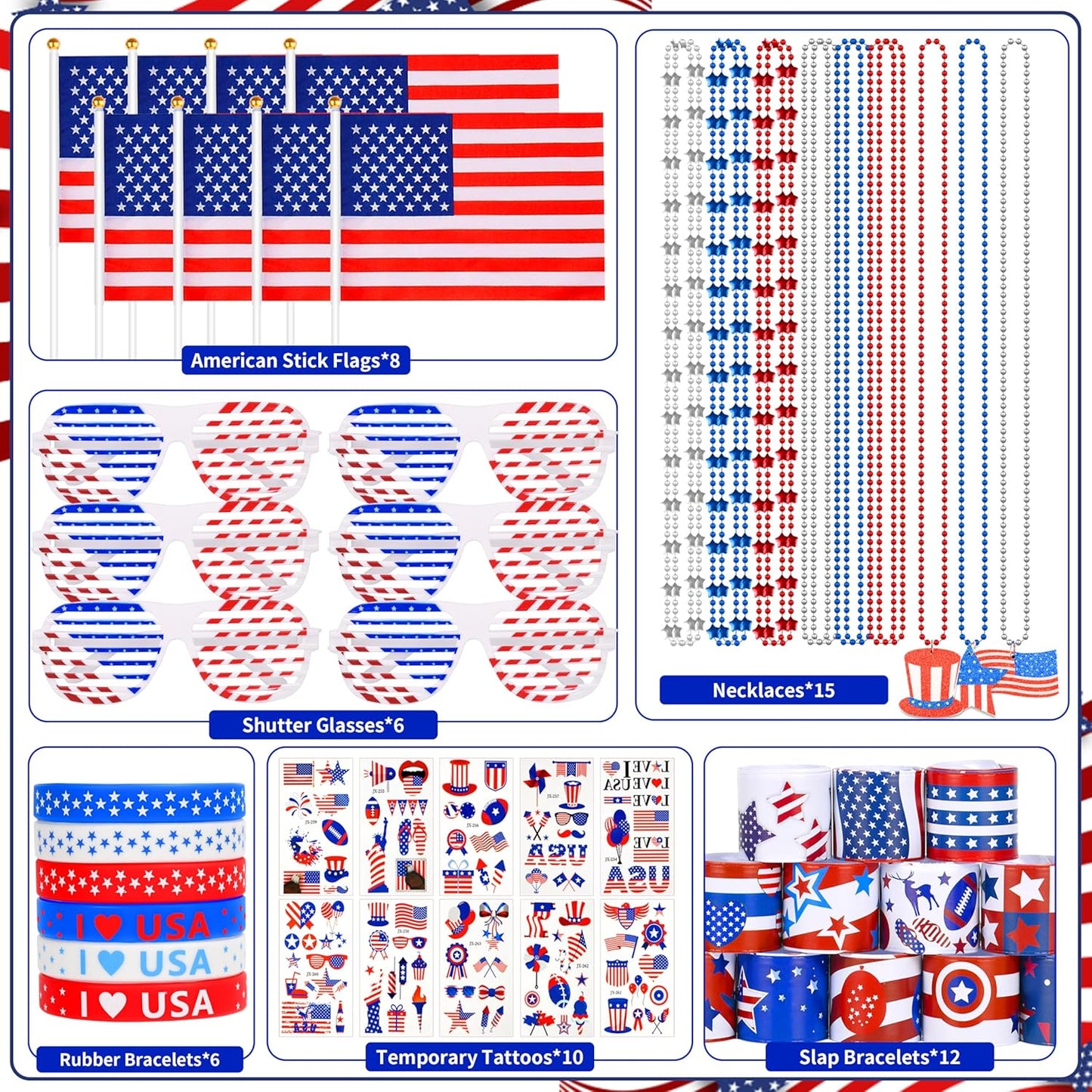 4th of July Patriotic Accessories Set - 147 Pcs Glasses, Necklaces, Bracelets & Tattoos | Independence Day Party Decor