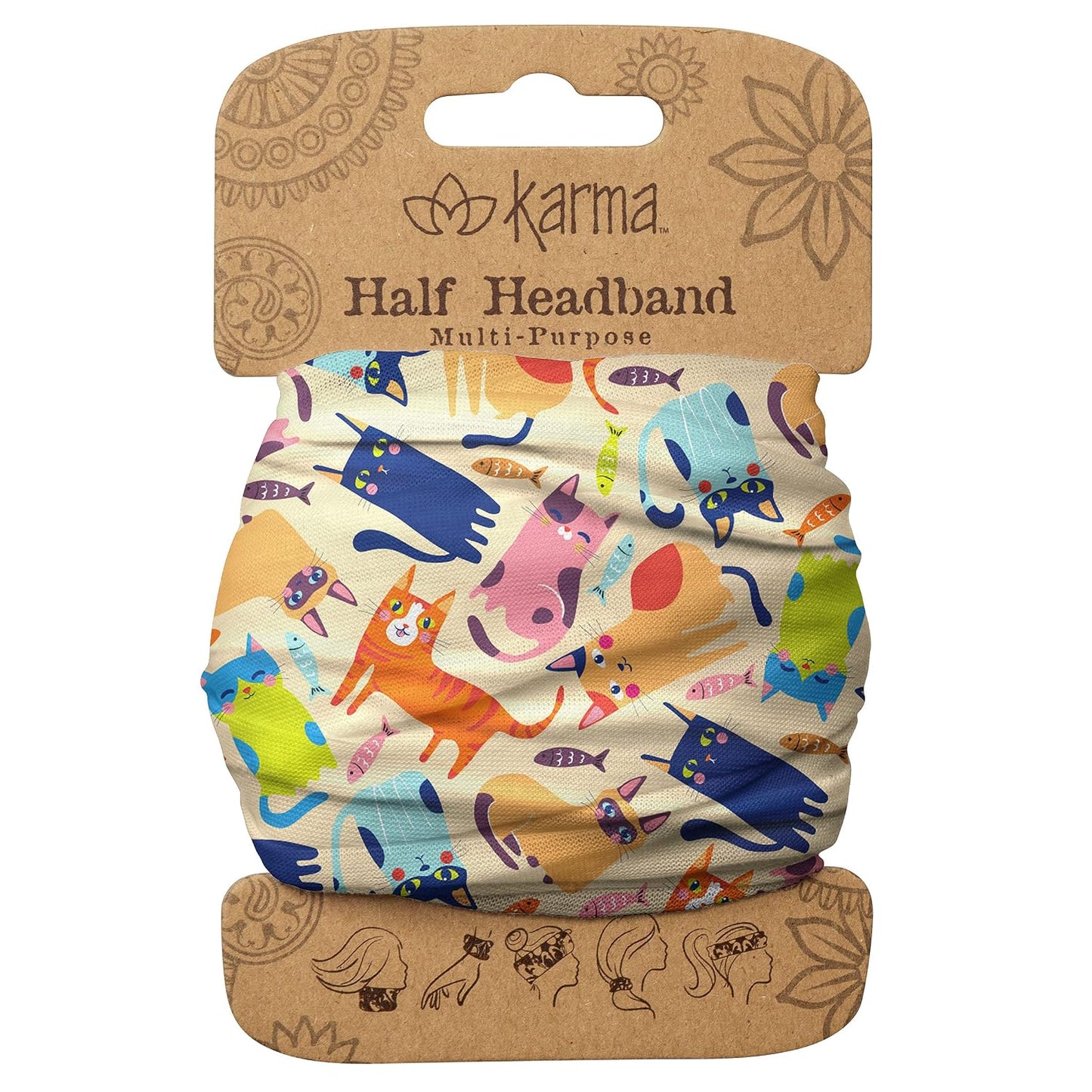Floral Headband for Women | Stretchy Fabric Hair Scarf - Light Tan & Blue - Medium Size