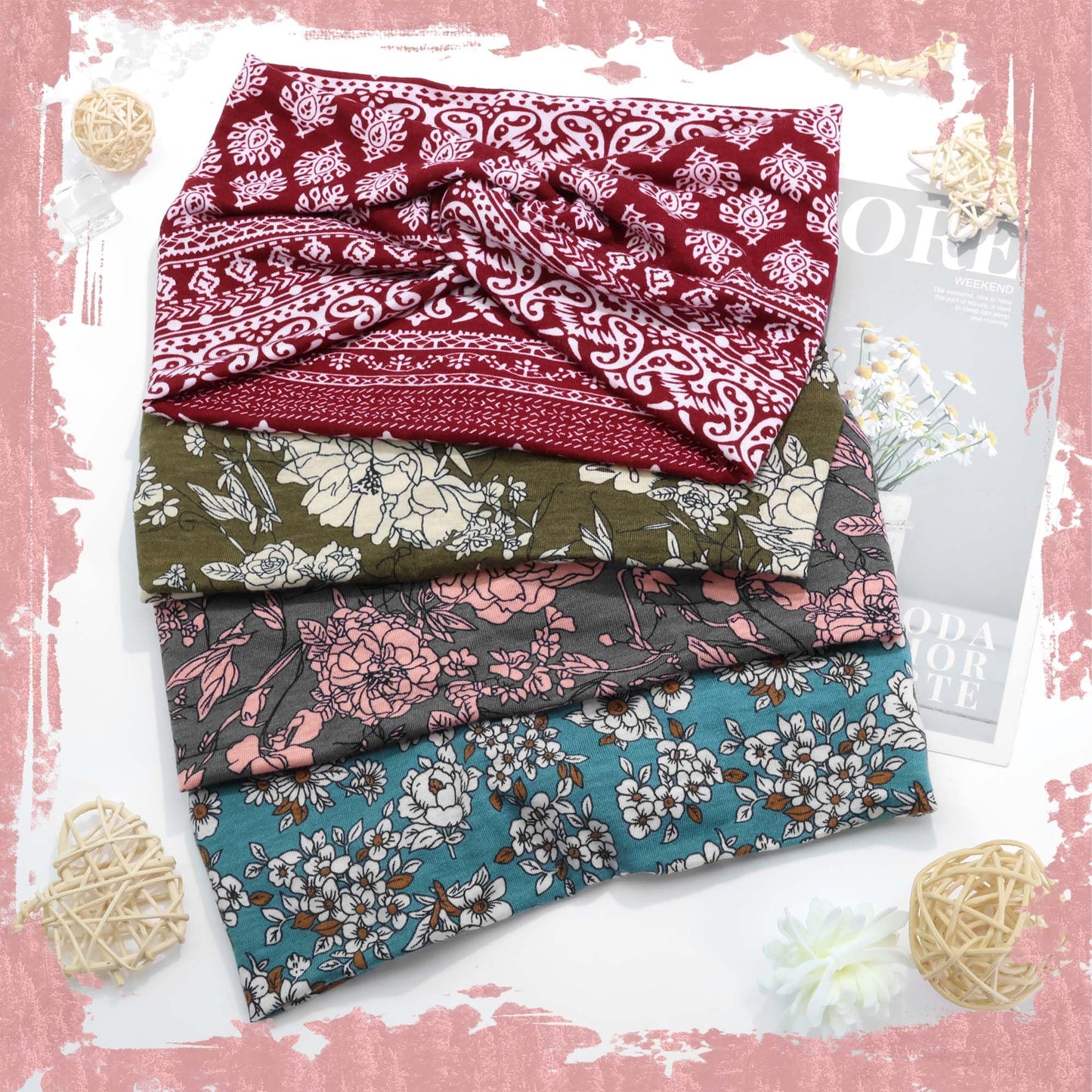FARSYOD Boho Head Bands for Women Wide Non Slip Hairbands Crisscross Knotted Headwraps Fashion Floral Headband African Red Turban Stretchy Soft Workout Daily Life Gift 4 Pack
