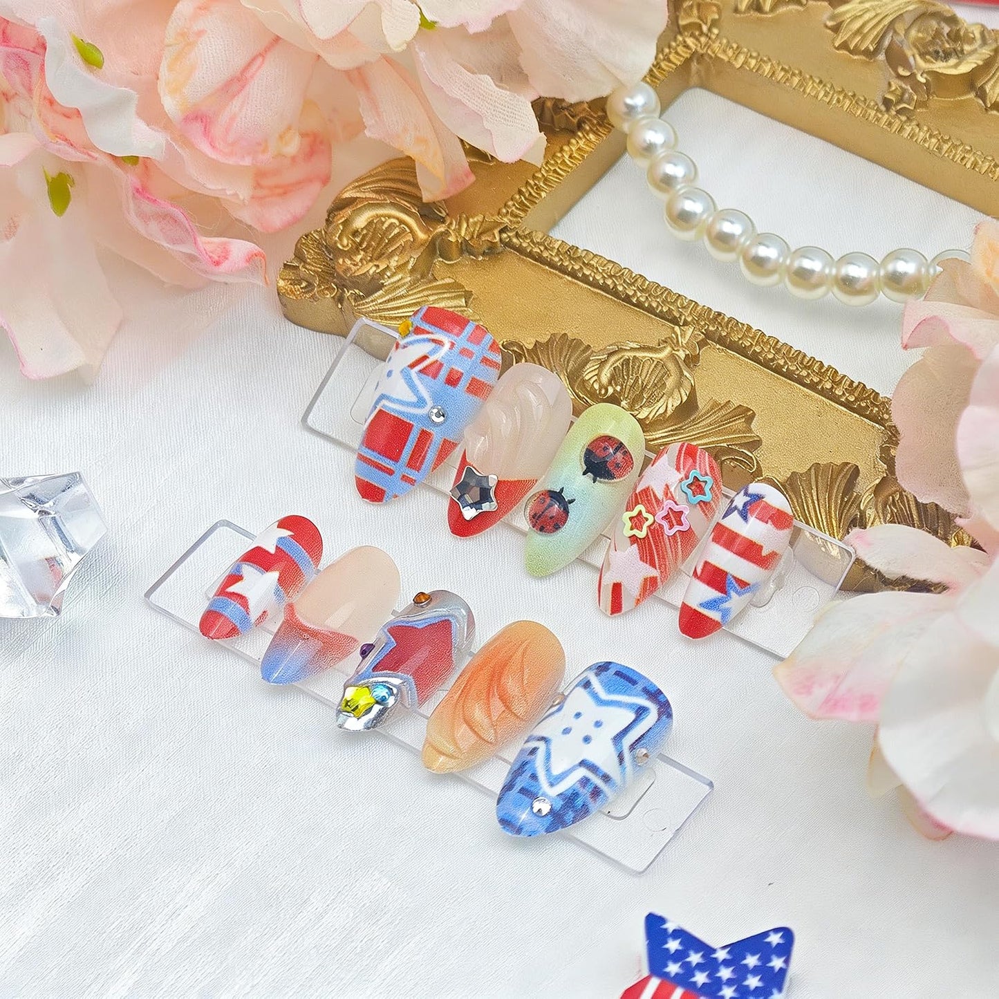Press On Nails - 24Pcs Medium Almond French Tip with American Flag | Patriotic Y2K Design for Independence Day