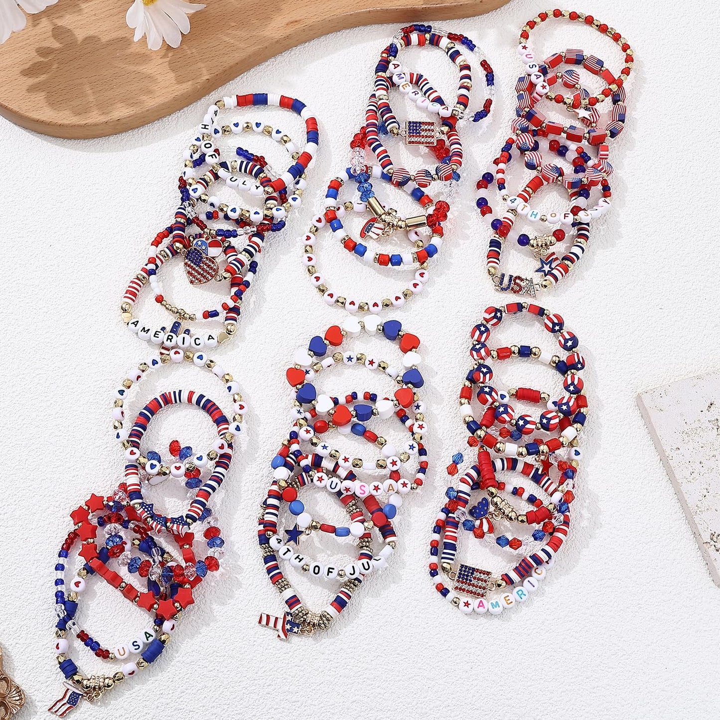Cooluckday 36 Pcs 4th of July Bracelets USA Flag Bracelets for Women Independence Day Patriotic Surfer Heishi Bracelets for Women Stackable Vinyl Disc Beaded Stretch Bracelets Elastic Layering Independence Day Party Favors