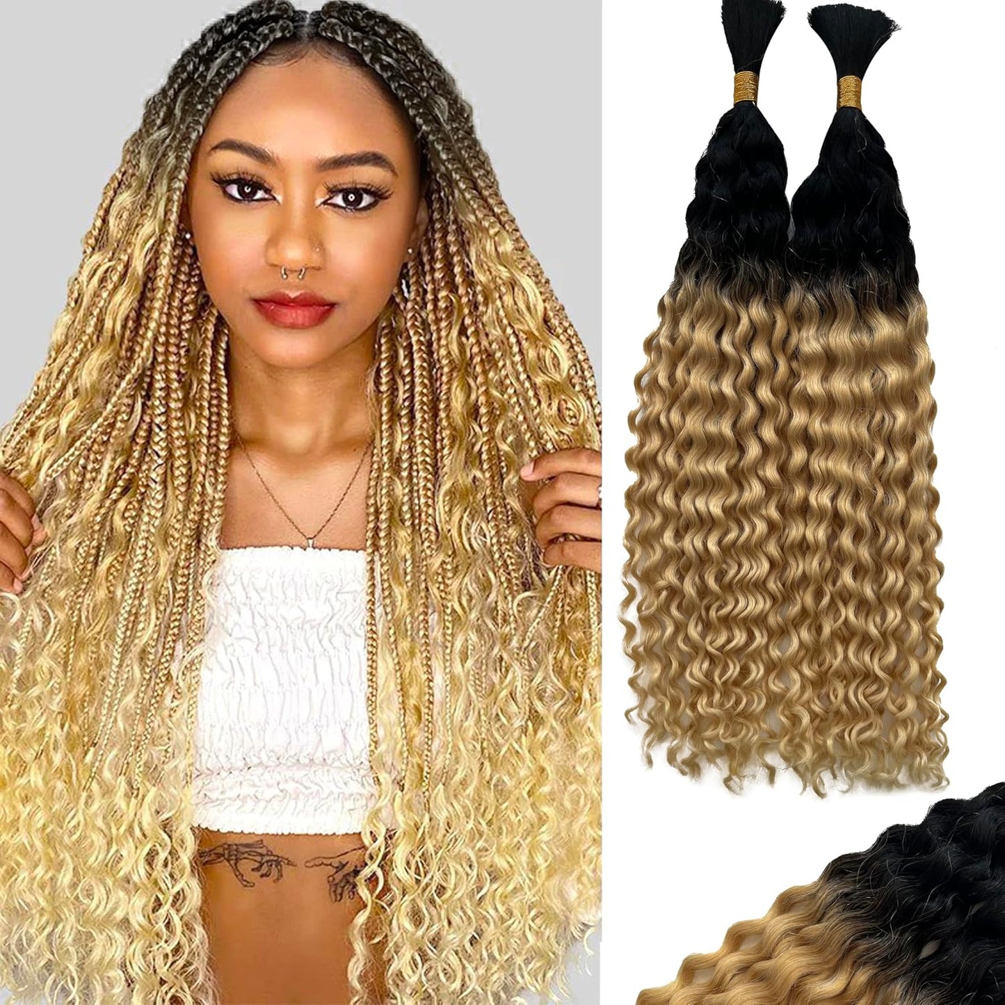 Braiding Human Hair Water Wave - 2 Bundles 100g Ombre Curly Extensions | 14 Inch Black/Brown Highlights