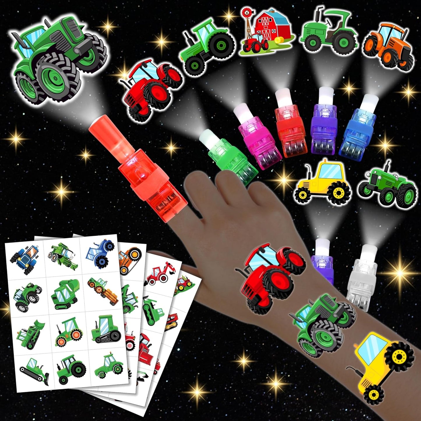 Tractor Party Favors - 72 PCS Luminous Tattoos & LED Finger Lights | Glow in the Dark Birthday Goodie Bag Fillers for Kids