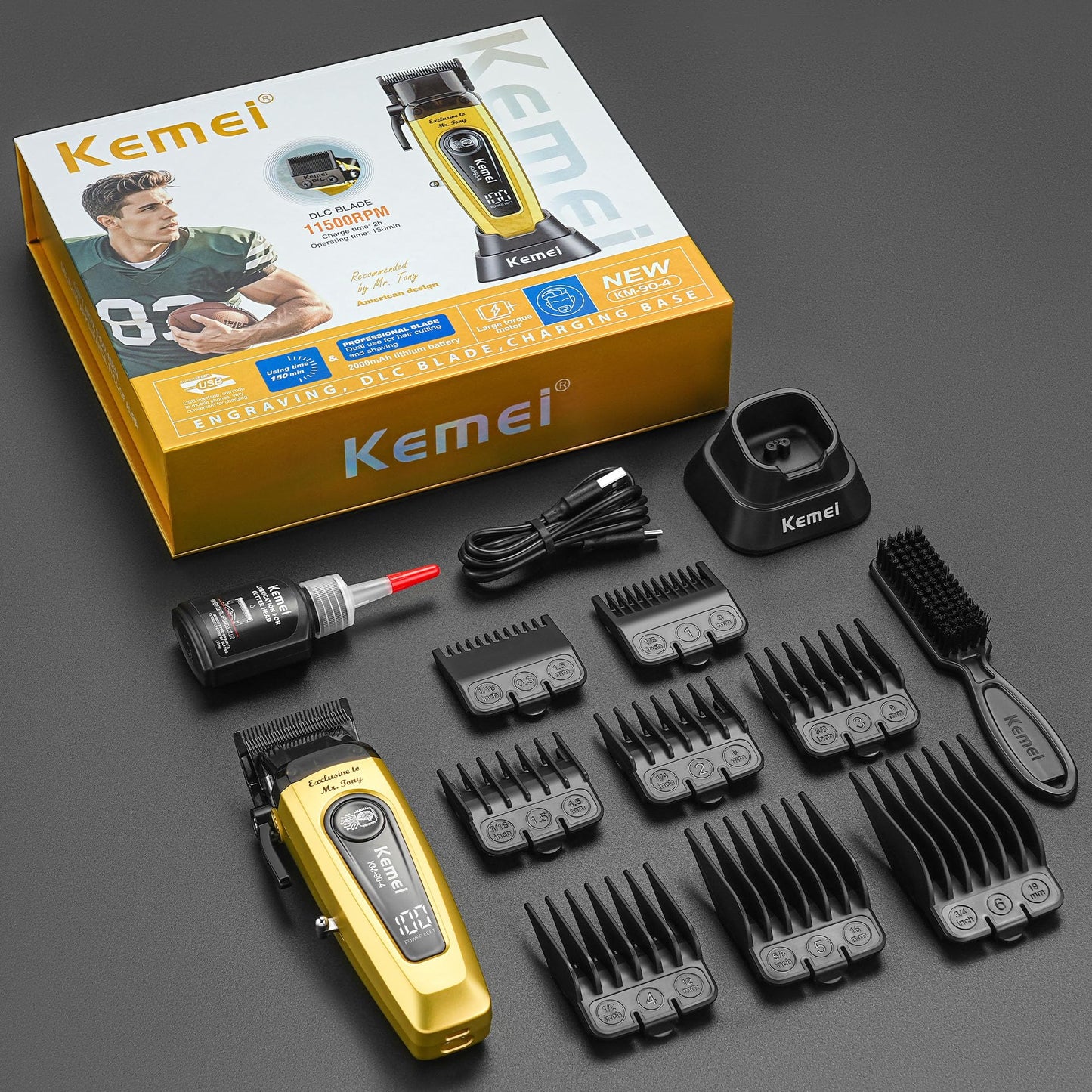 KEMEI 90-4 Professional Hair Clippers for Men, 11500 RPM Barber Clippers with LED Display, Cordless Hair Trimmer with DLC Blade & Charging Base, 2000 mAh Hair Clipper for Barbers Haircut Kit, Gold