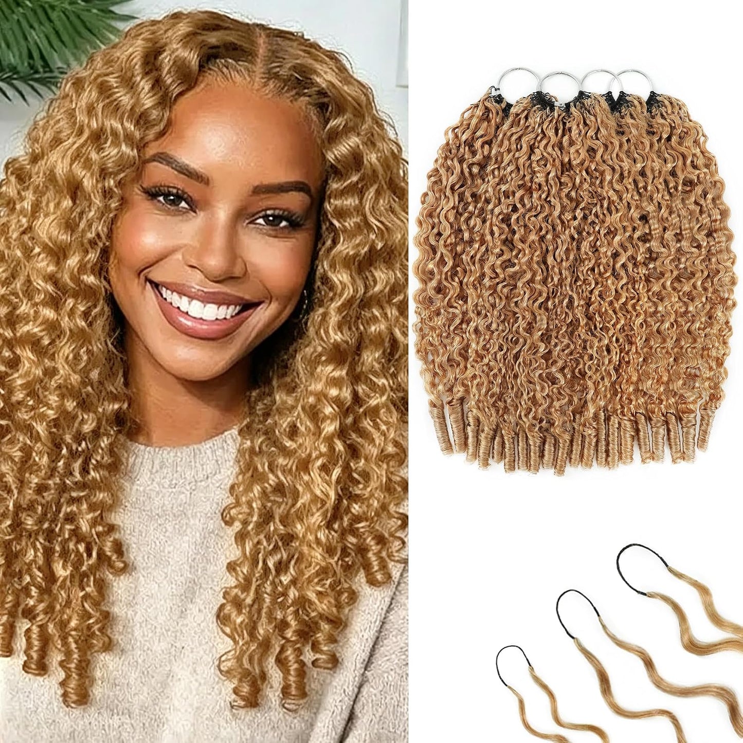 Honey Blonde Burmese Curly Crochet Hair Extensions - 20 Inch, 240g, Lightweight & Reusable, Invisible Knots