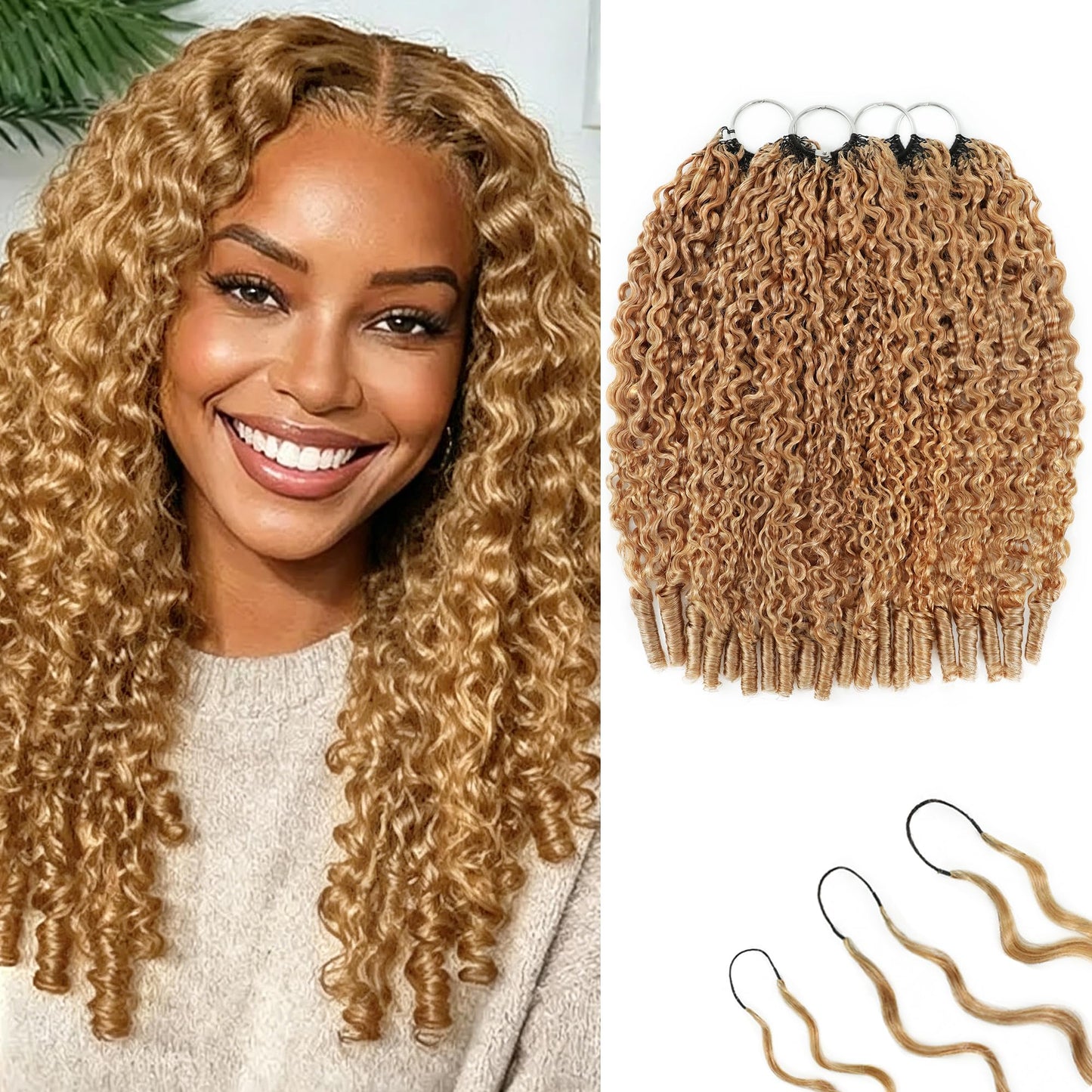KULYMUWIG Honey Blonde Burmese Curly Crochet Human Hair 12 Inch 240g Invisible Pre-Separated Feather Crochet Human Hair Bundles 27# Reusable Lightweight Miracle Knots Hair Extensions