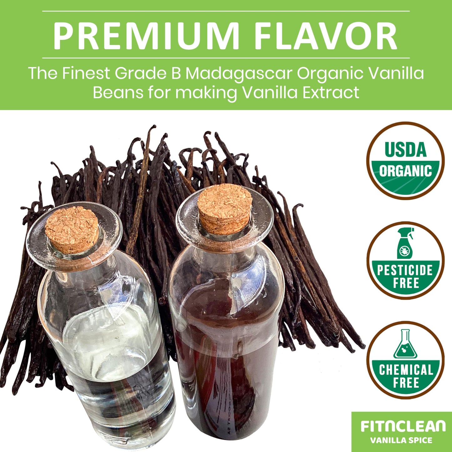 55 Organic Madagascar Vanilla Extract Exclusive Grade B Beans| 4" - 5" by FITNCLEAN VANILLA| Certified USDA Organic. Bulk Dry Whole Bourbon NON-GMO Pods