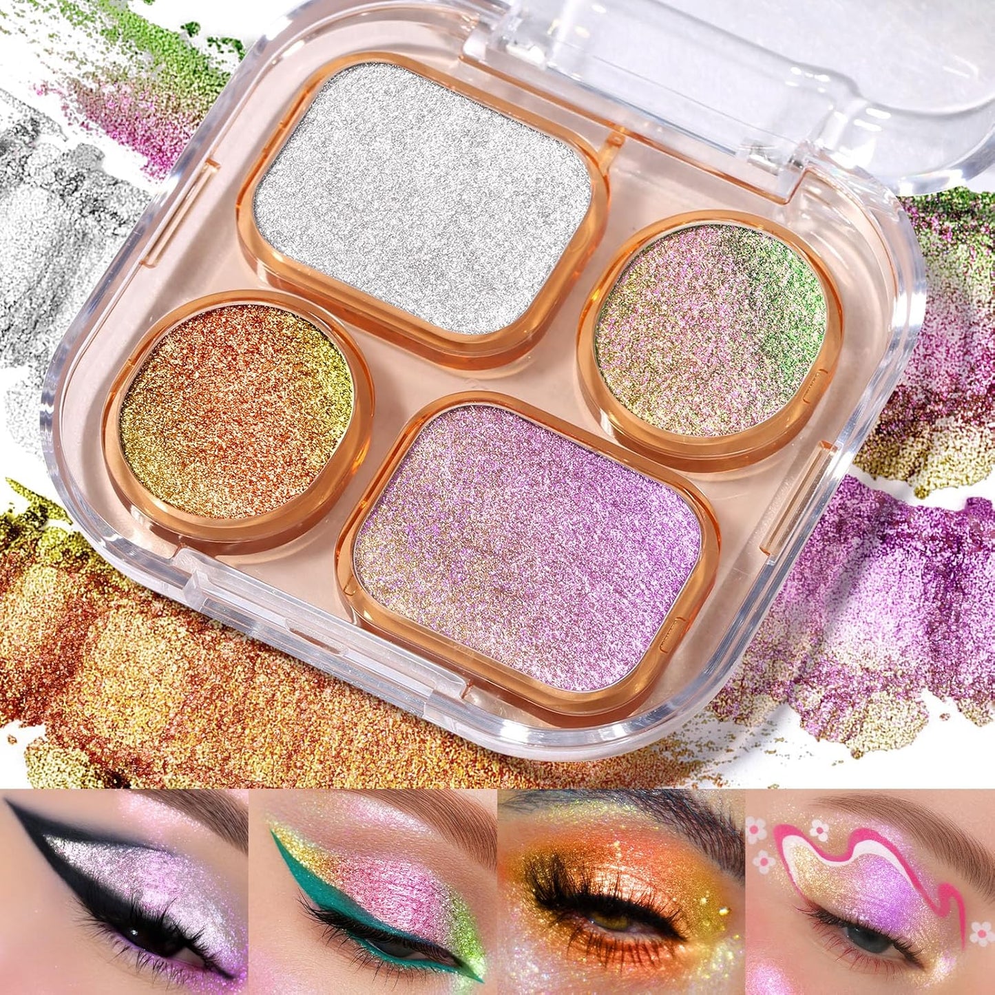 Chameleon Shimmer Eyeshadow Palette - 4 Colors Metallic Glitter | High Pigment Multichrome Eye Makeup Kit