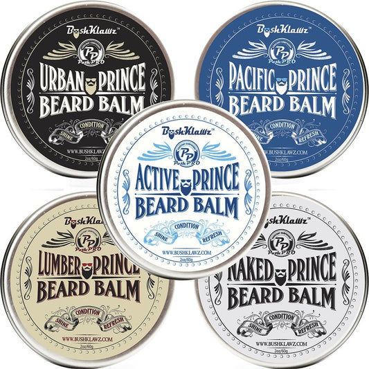 BushKlawz Beard Balm and Leave-in Conditioner, 5 Full Size 2.0 oz Balms - Urban, Lumber, Pacific, Naked Prince Fragrance Free, Premium Line, Great Gift for Christmas, Father's Day