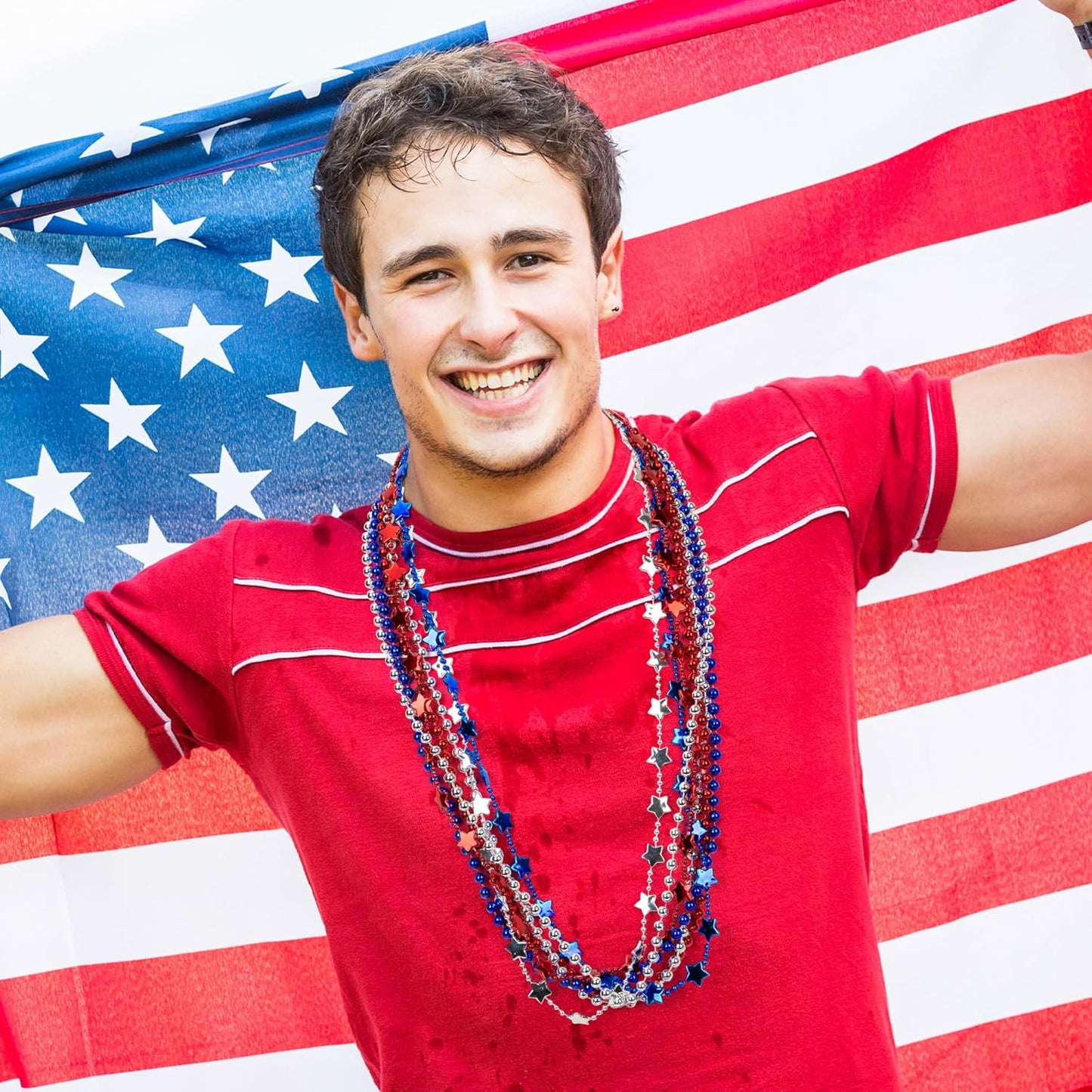 Patriotic 4th of July Necklace Set | 12PCS Red, White & Blue Beads with USA Flags for Independence Day Celebrations