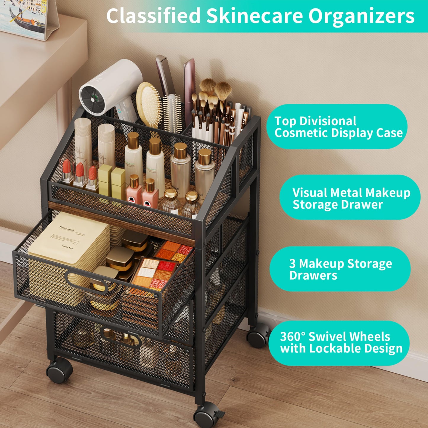 HapiRm Rolling Makeup Organizer Cart- Under Desk Vanity Storage with 3 Drawers, Floor Nail Cart Skincare Organizers Cosmetics Display Cases for Nail Polish Perfume Makeup Brush Hair Tool, Black