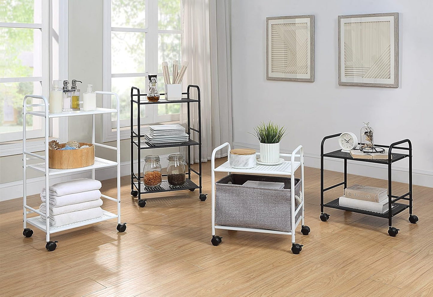 SunnyPoint 3-Tier Rolling Utility Cart - Metal Storage Organizer with Wheels | Mobile Kitchen & Office Organizer, White, 12"D x 16.92"W x 31.1"H
