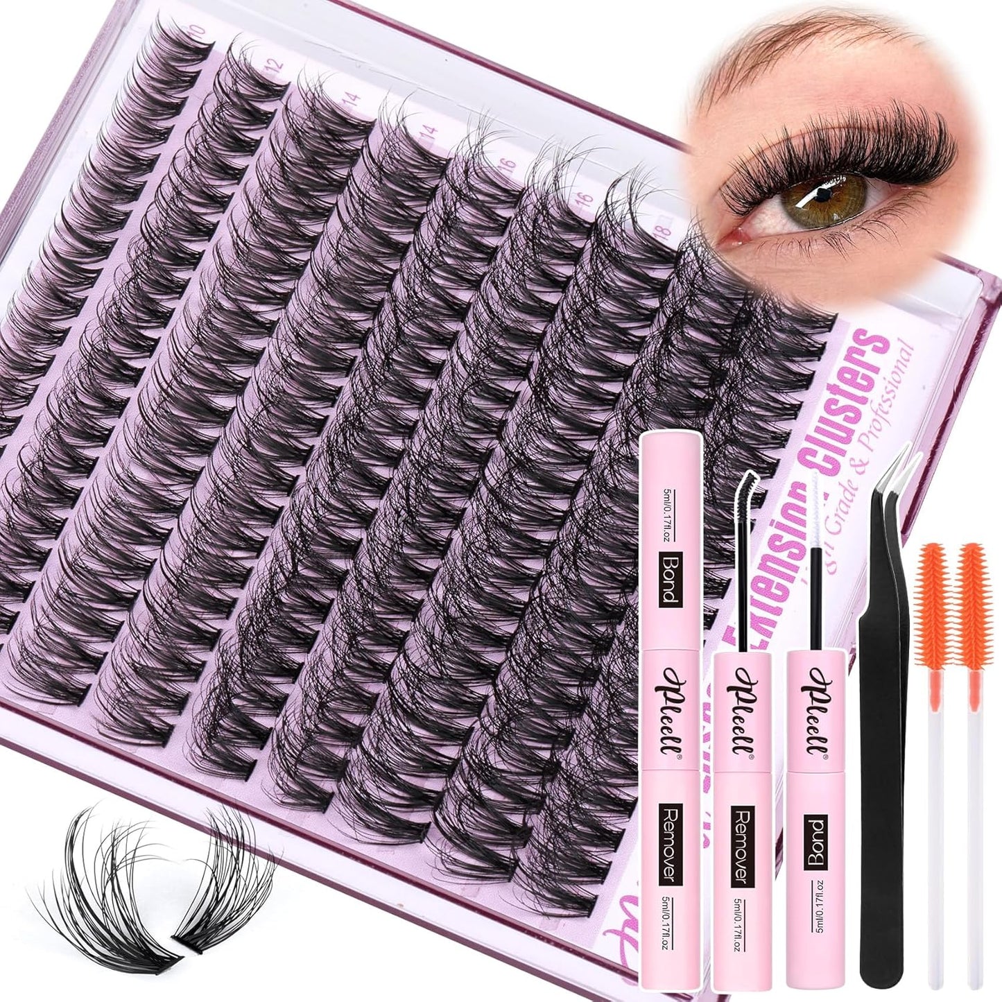 Fluffy Lash Extension Kit - 180PCS Wispy Natural Lash Clusters 10-18MM | Includes Bond, Remover & Applicator