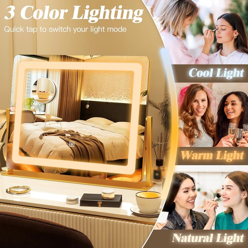 LED Vanity Mirror with Lights - 17" x 22" Lighted Makeup Mirror with 10X Magnification | 3 Color Modes & Dimmable - Gold Finish