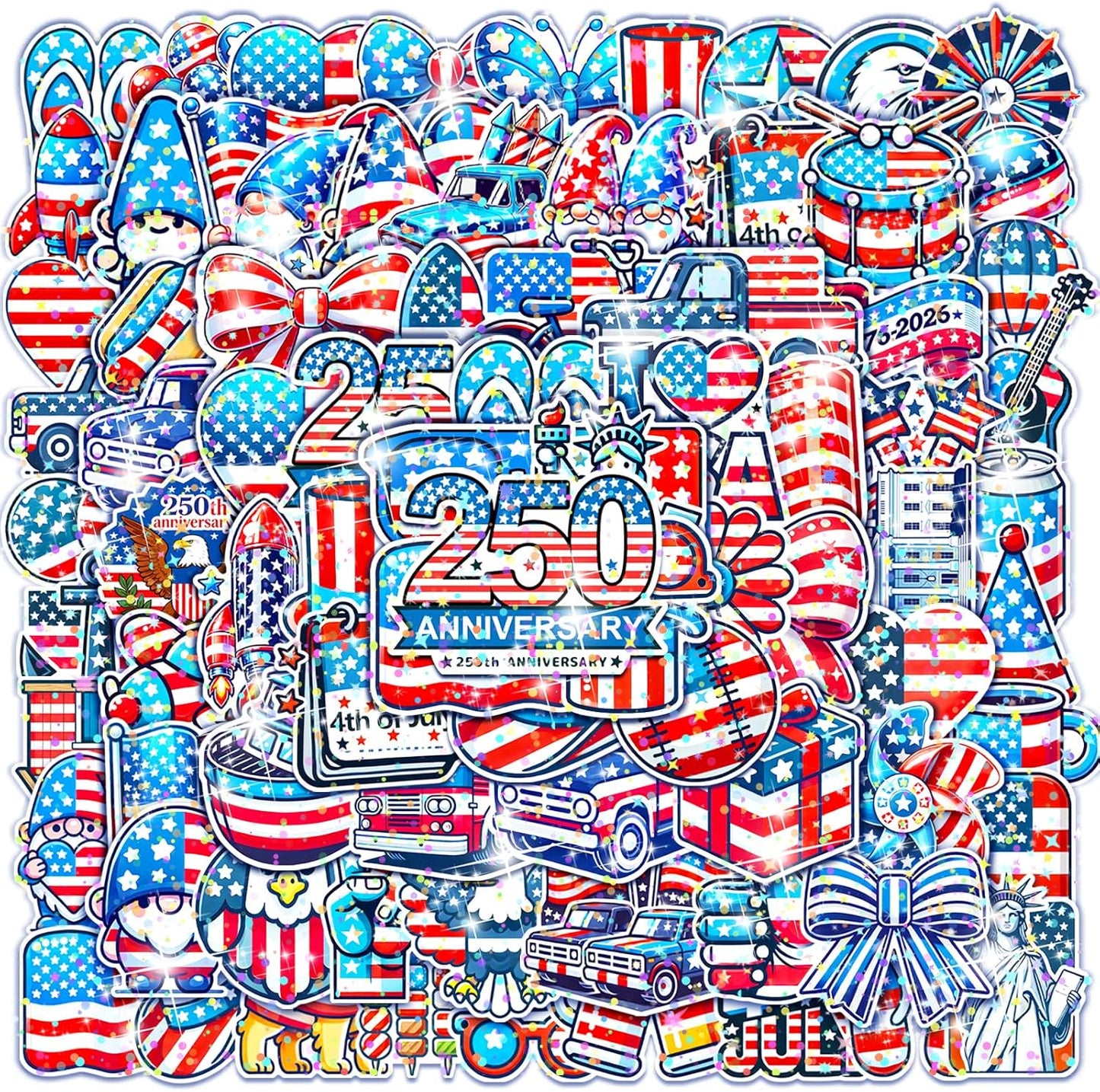 4th of July Waterproof Vinyl Glitter Stickers - Patriotic Holographic Decorations for Water Bottles, Laptops & More | 100 Pcs