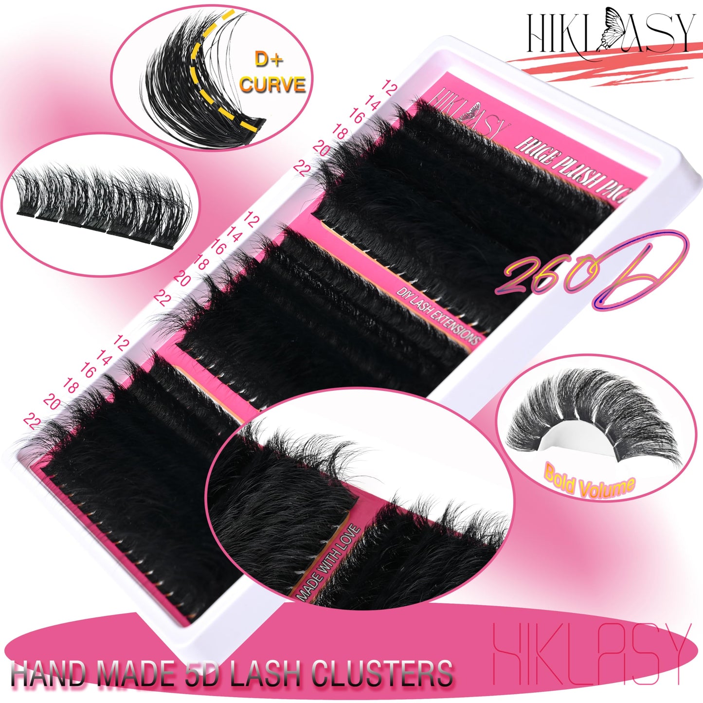 Lash Clusters (12 14 16 18 20 22mm) Volume Fake Lashes 260D Eyelash Clusters Extensions D+ Curve Reusable Light Weight Dramatic Lashes Wispy Lash Clusters Thick,288pcs Huge Plus Pack,DIY By Hiklasy