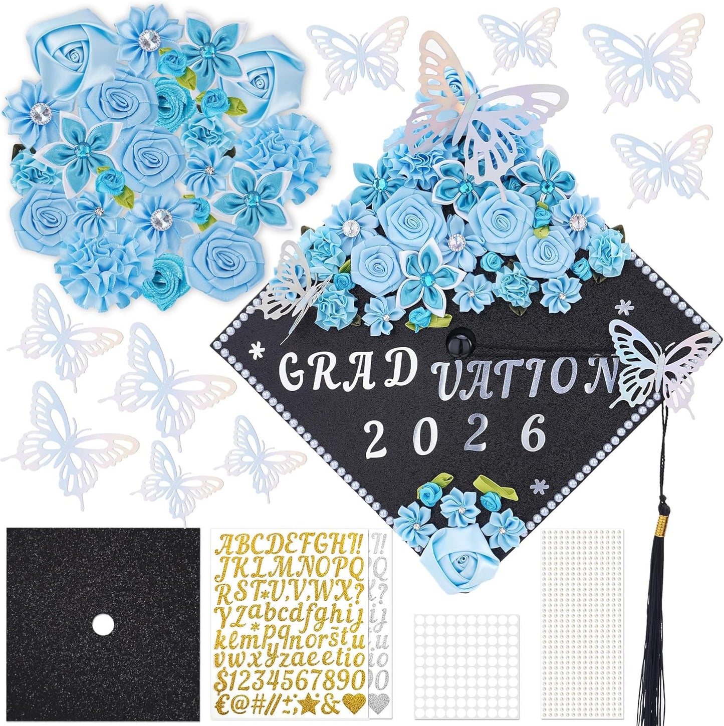 Graduation Cap Decoration Kit - 56 Pcs DIY Pink Flowers, Rhinestones & Glitter Butterflies | 2026 Grad Hat Topper