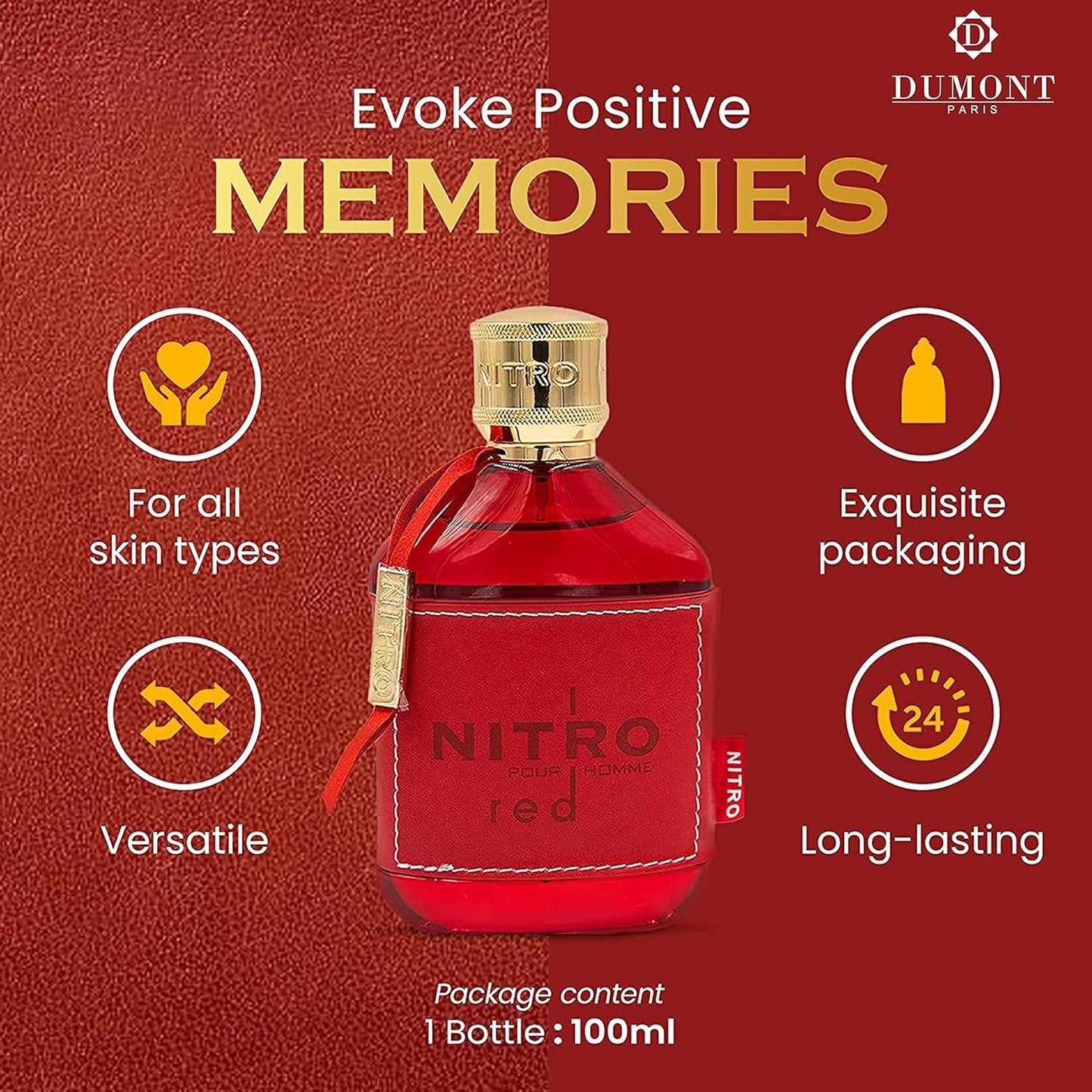 Dumont Nitro Red Eau De Parfum for Men - Rich Fruity Woody Floral Fragrance | 3.4 Fl Oz Long-Lasting Scent