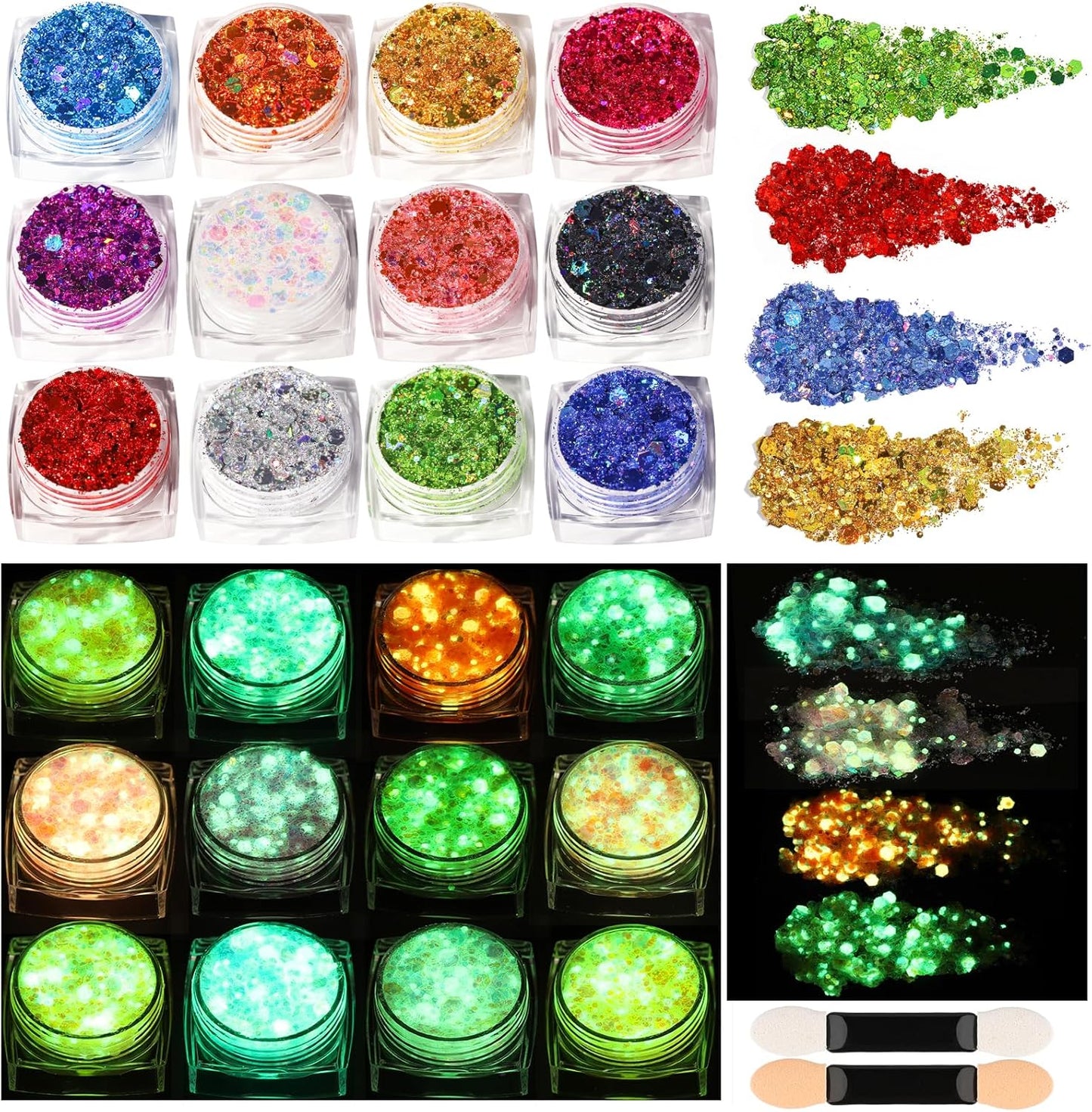 12 Colors Face Glitter Gel | Glow in The Dark Body Glitter for Festivals - Perfect for Women