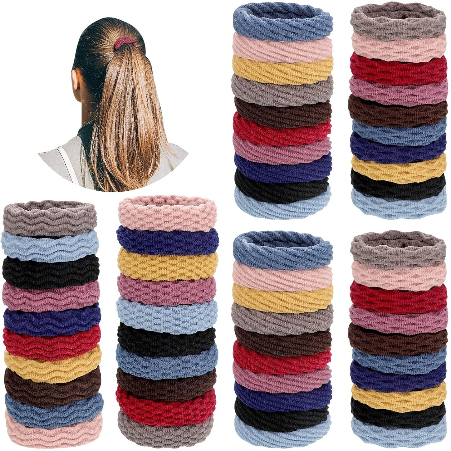 Seamless Hair Ties - 60 Cotton No Crease Bands for Thick, Curly Hair | Lightweight & Highly Elastic, Mixed Colors