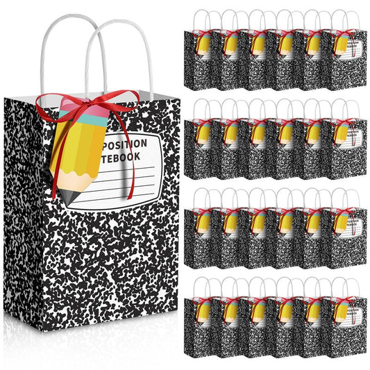 24 Pcs Teacher Appreciation Gift Bags Bulk Back to School Composition Notebook Theme Treat Bags with Pencil Tags End of Year Teacher Gifts for Graduation Retirement Party Favors Classroom Decor