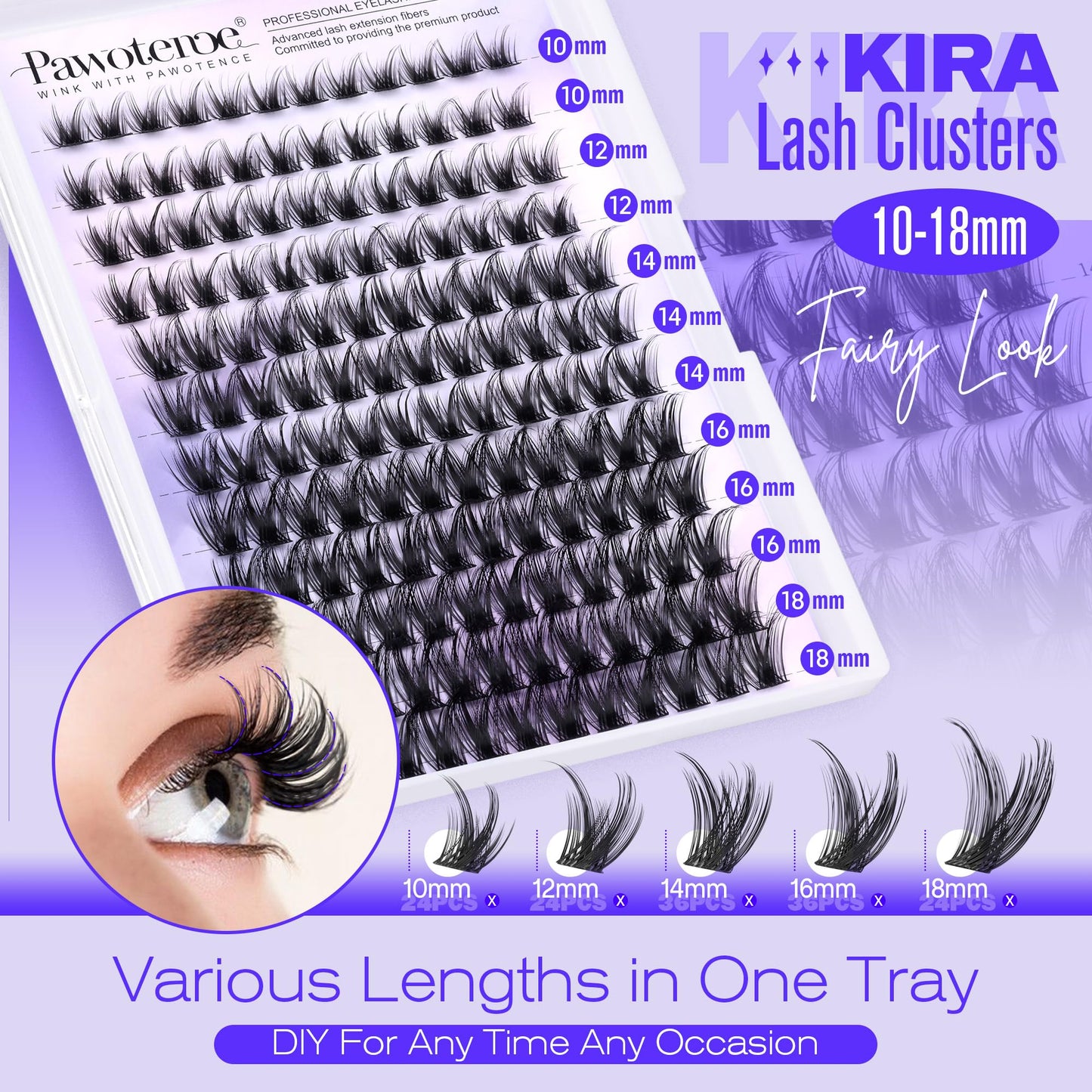 Pawotence Lash Clusters Wispy Kira Cluster Eyelash Extensions 10-18mm Individual Lashes DIY Cluster Lashes Extension Soft Comfortable Eyelash Clusters with Thin Band